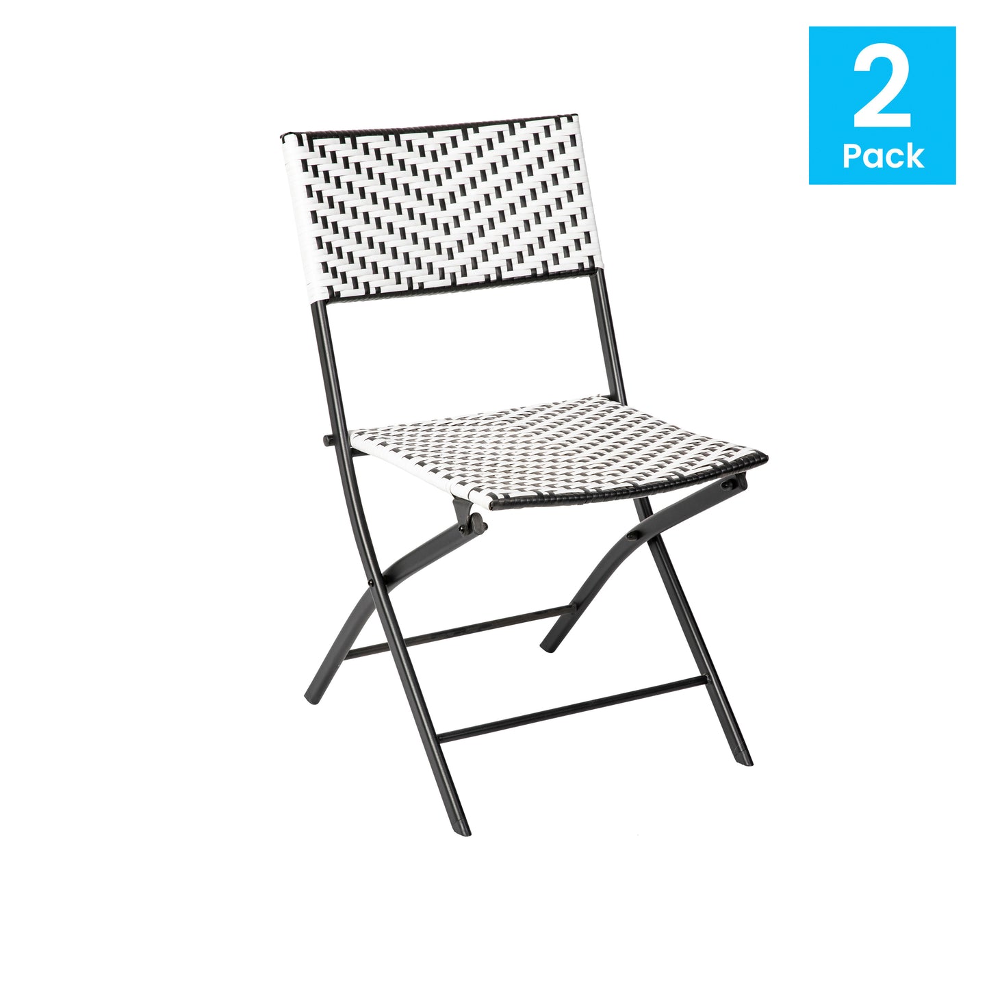 Rouen Set of 2 Commercial Grade Foldable Bistro Chairs, Indoor/Outdoor PE Rattan Back and Seat, Black/White with Black Steel Frames Black & White