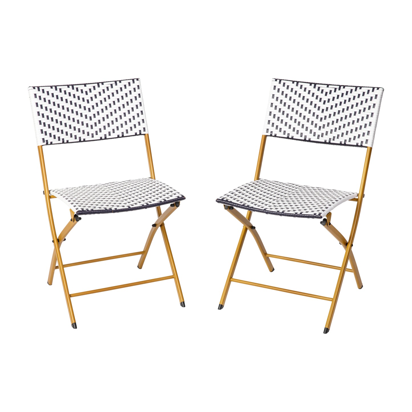Rouen Set of 2 Commercial Grade Foldable Bistro Chairs, Indoor/Outdoor PE Rattan Back and Seat, Navy/White with Natural Steel Frames Navy & White