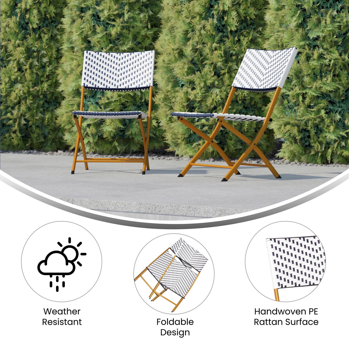 Rouen Set of 2 Commercial Grade Foldable Bistro Chairs, Indoor/Outdoor PE Rattan Back and Seat, Navy/White with Natural Steel Frames Navy & White