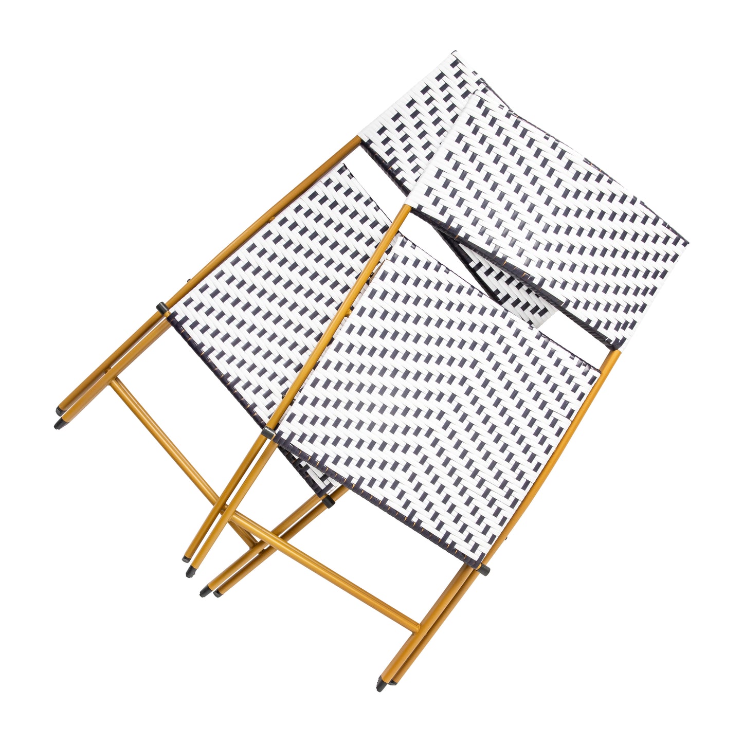 Rouen Set of 2 Commercial Grade Foldable Bistro Chairs, Indoor/Outdoor PE Rattan Back and Seat, Navy/White with Natural Steel Frames Navy & White