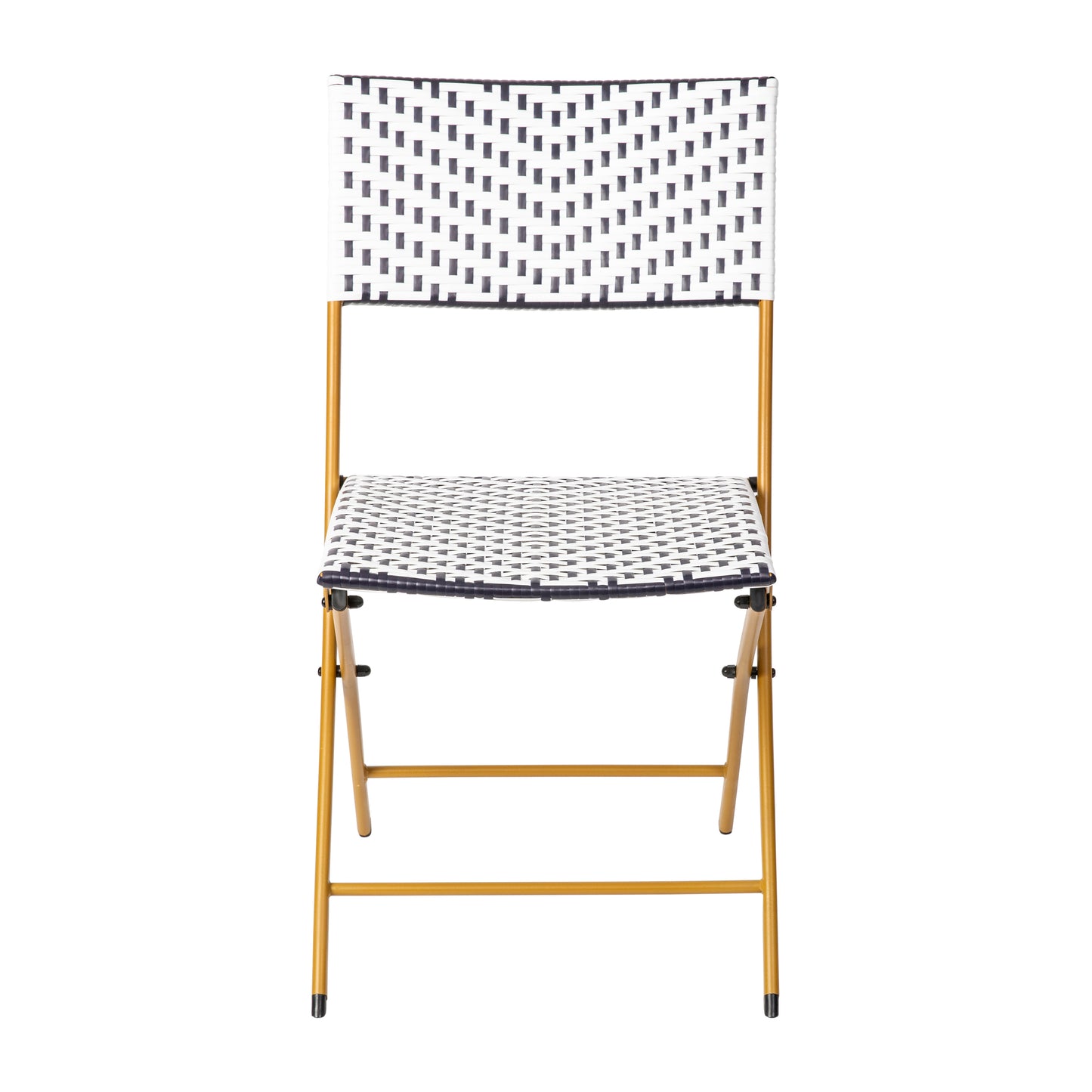 Rouen Set of 2 Commercial Grade Foldable Bistro Chairs, Indoor/Outdoor PE Rattan Back and Seat, Navy/White with Natural Steel Frames Navy & White