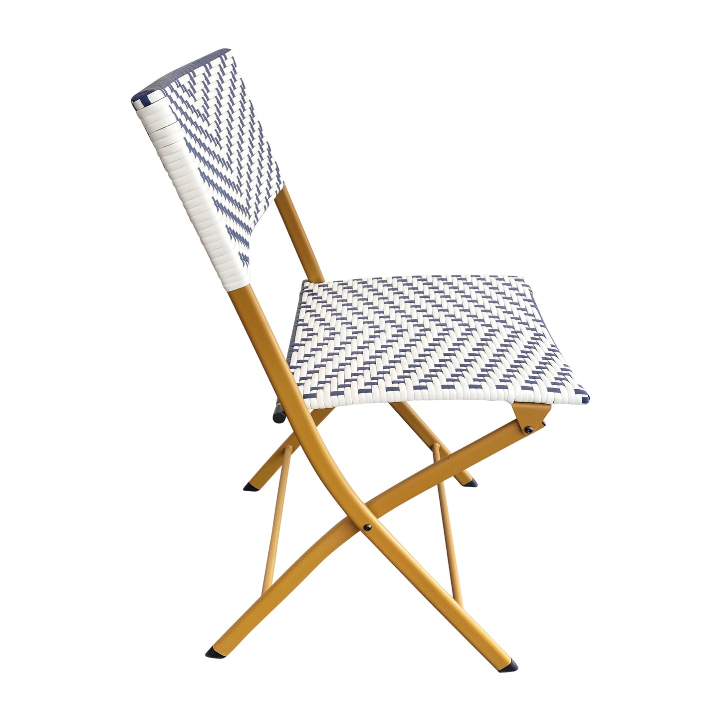 Rouen Set of 2 Commercial Grade Foldable Bistro Chairs, Indoor/Outdoor PE Rattan Back and Seat, Navy/White with Natural Steel Frames Navy & White
