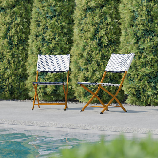 Rouen Set of 2 Commercial Grade Foldable Bistro Chairs, Indoor/Outdoor PE Rattan Back and Seat, Navy/White with Natural Steel Frames Navy & White