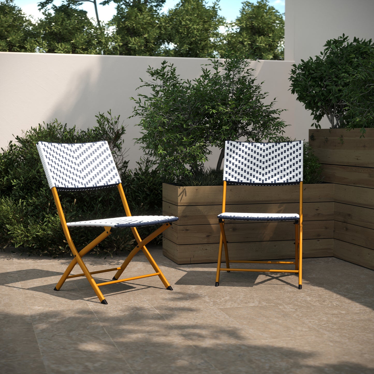 Rouen Set of 2 Commercial Grade Foldable Bistro Chairs, Indoor/Outdoor PE Rattan Back and Seat, Navy/White with Natural Steel Frames Navy & White