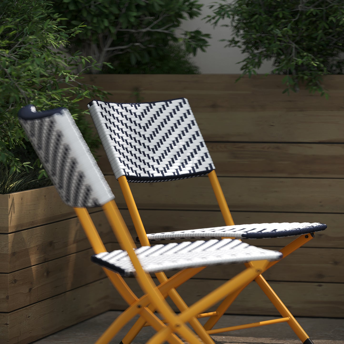 Rouen Set of 2 Commercial Grade Foldable Bistro Chairs, Indoor/Outdoor PE Rattan Back and Seat, Navy/White with Natural Steel Frames Navy & White