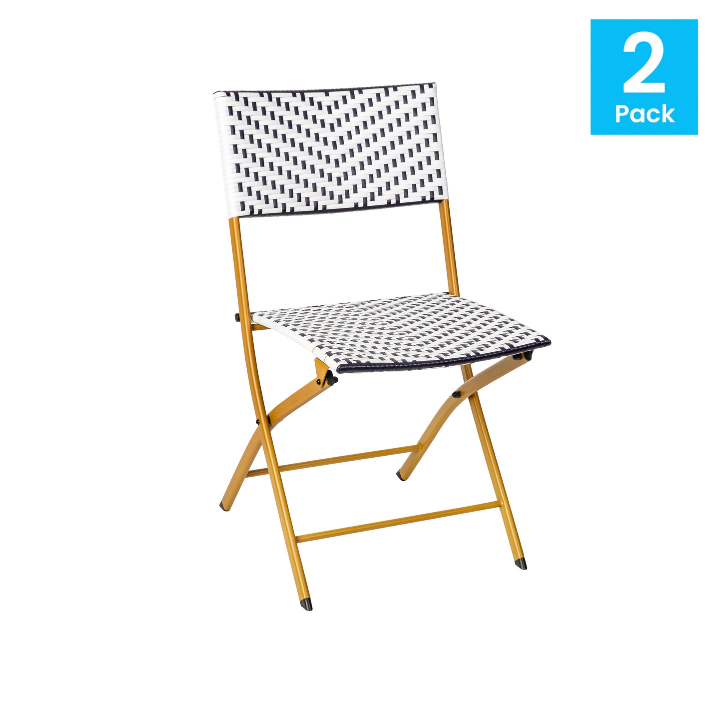 Rouen Set of 2 Commercial Grade Foldable Bistro Chairs, Indoor/Outdoor PE Rattan Back and Seat, Navy/White with Natural Steel Frames Navy & White