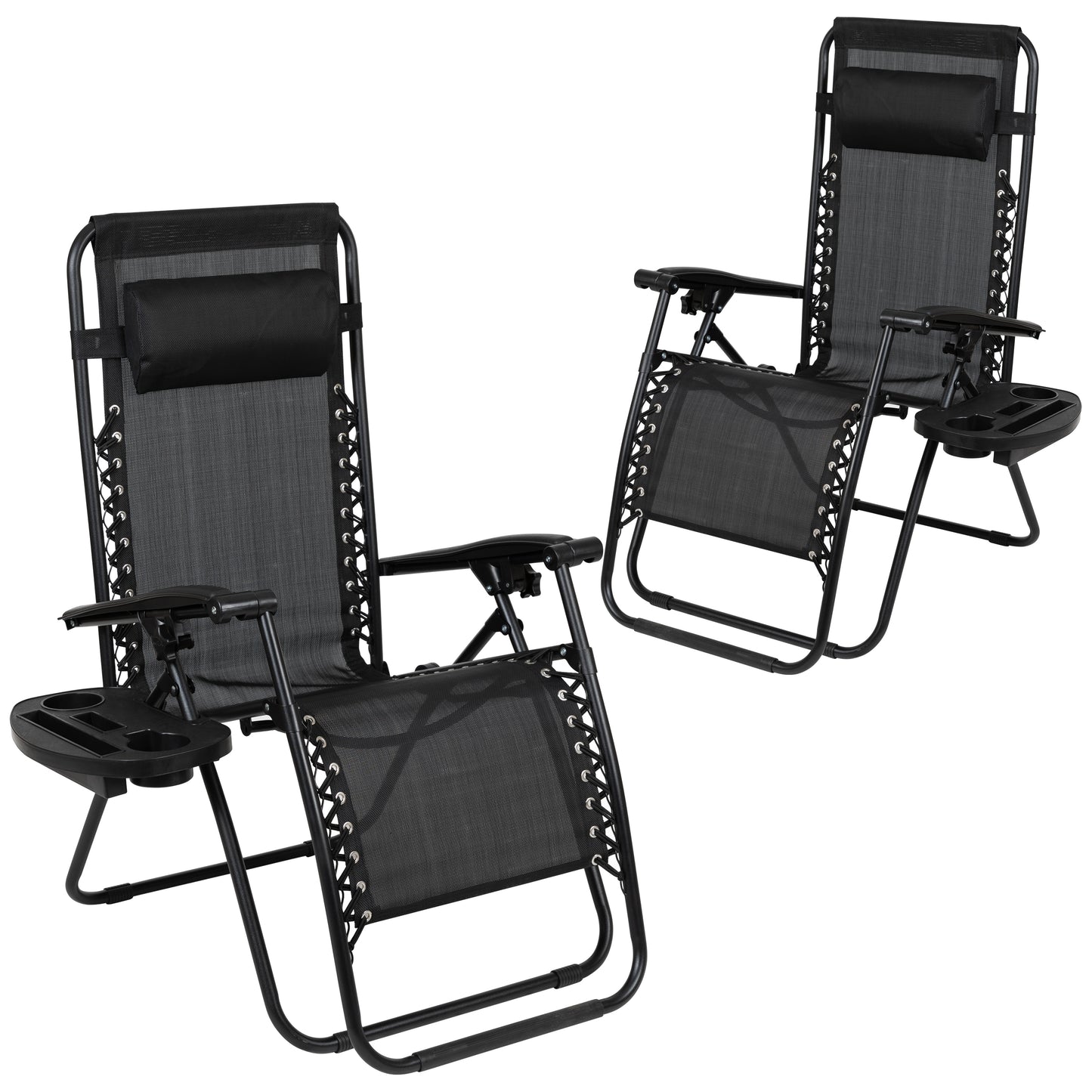 Celestial Adjustable Folding Mesh Zero Gravity Reclining Lounge Chair with Pillow and Cup Holder Tray in Black, Set of 2 Black