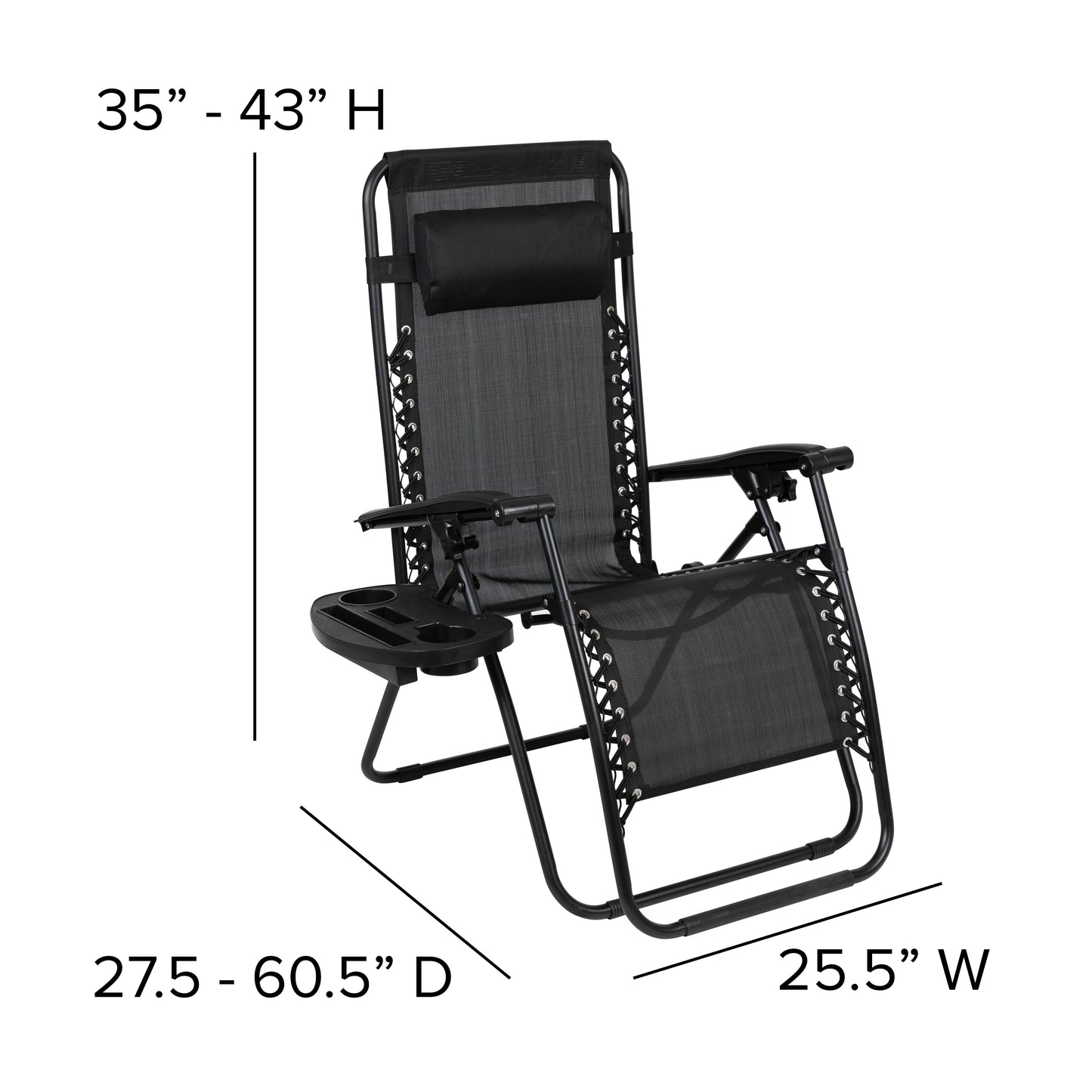 Celestial Adjustable Folding Mesh Zero Gravity Reclining Lounge Chair with Pillow and Cup Holder Tray in Black, Set of 2 Black