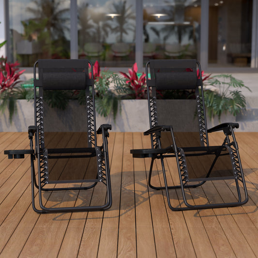 Celestial Adjustable Folding Mesh Zero Gravity Reclining Lounge Chair with Pillow and Cup Holder Tray in Black, Set of 2 Black