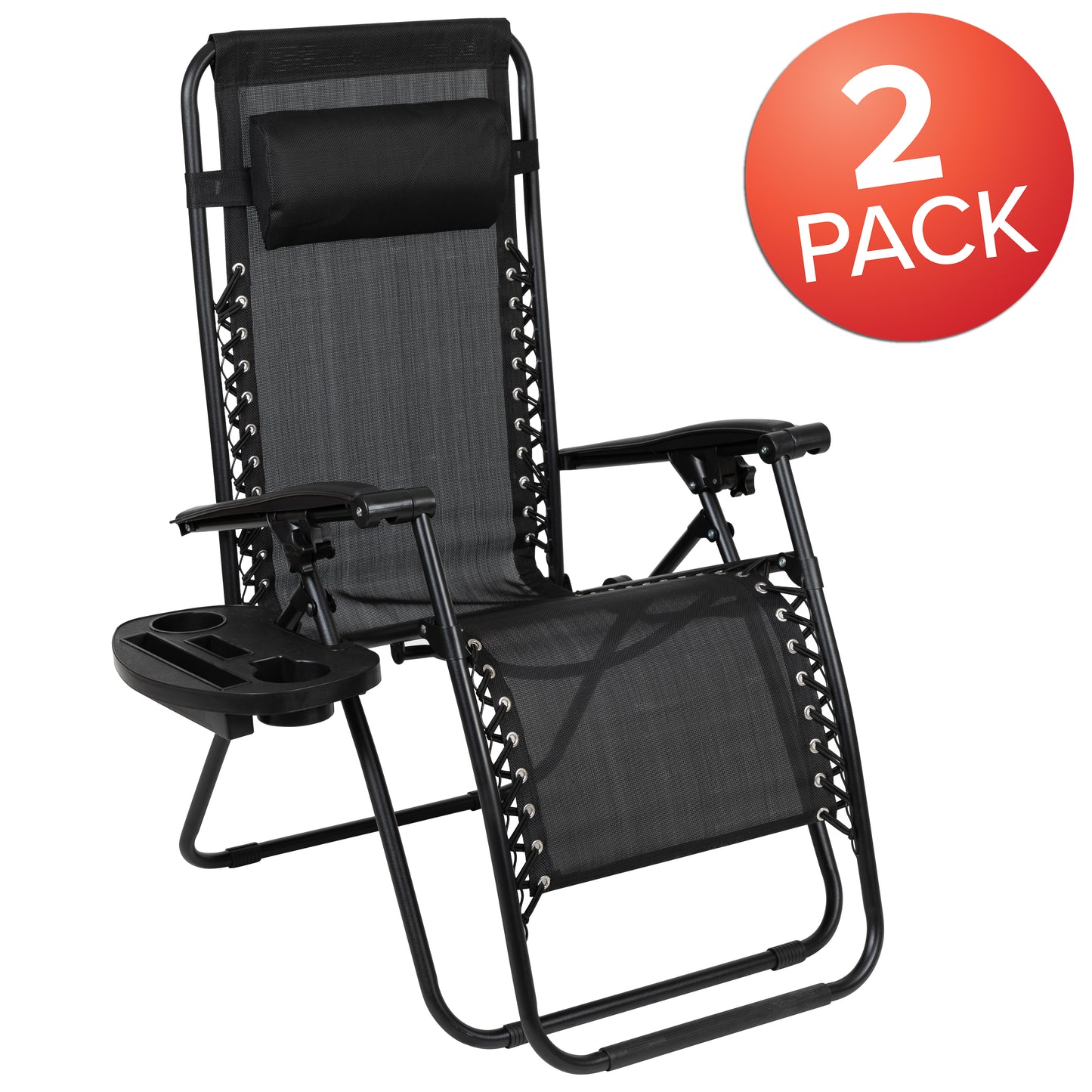 Celestial Adjustable Folding Mesh Zero Gravity Reclining Lounge Chair with Pillow and Cup Holder Tray in Black, Set of 2 Black