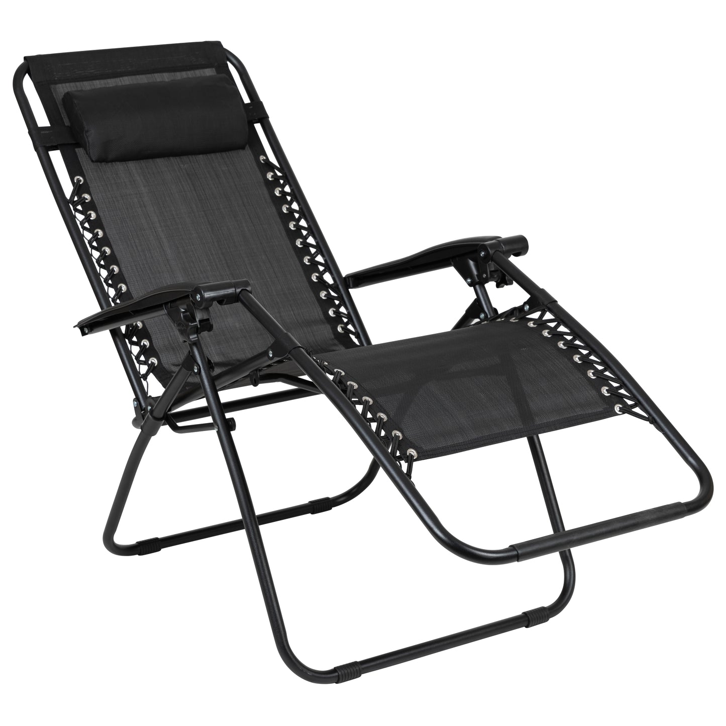 Celestial Adjustable Folding Mesh Zero Gravity Reclining Lounge Chair with Pillow and Cup Holder Tray in Black, Set of 2 Black