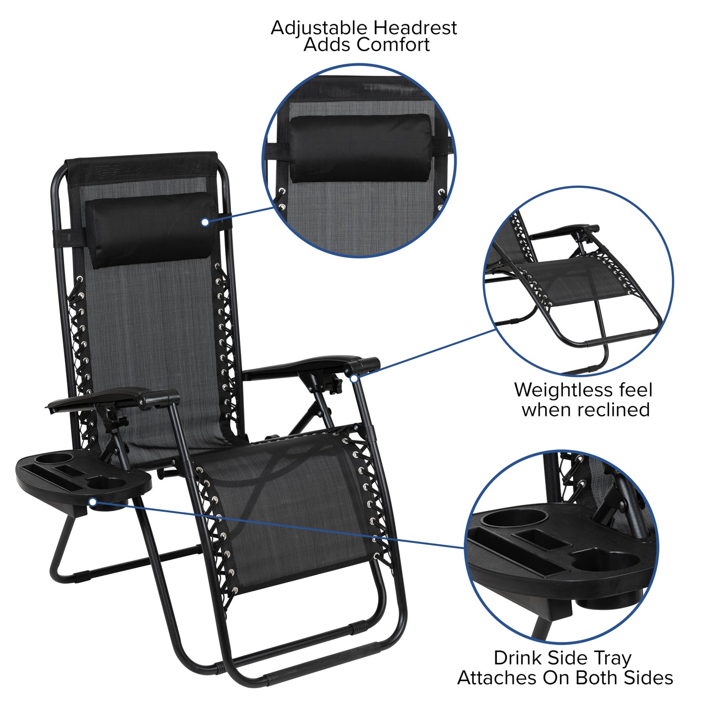 Celestial Adjustable Folding Mesh Zero Gravity Reclining Lounge Chair with Pillow and Cup Holder Tray in Black, Set of 2 Black