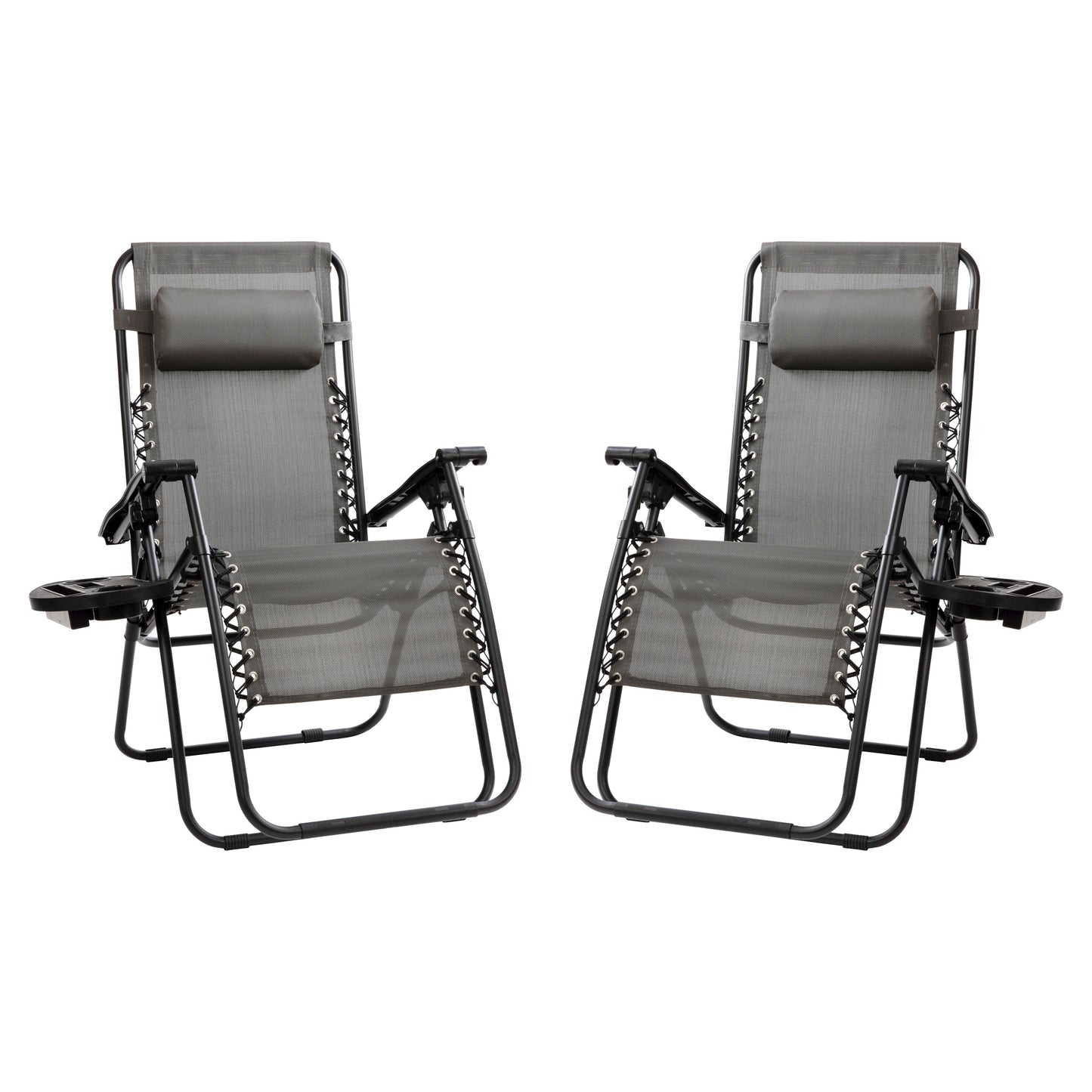 Celestial Adjustable Folding Mesh Zero Gravity Reclining Lounge Chair with Pillow and Cup Holder Tray in Gray, Set of 2 Gray