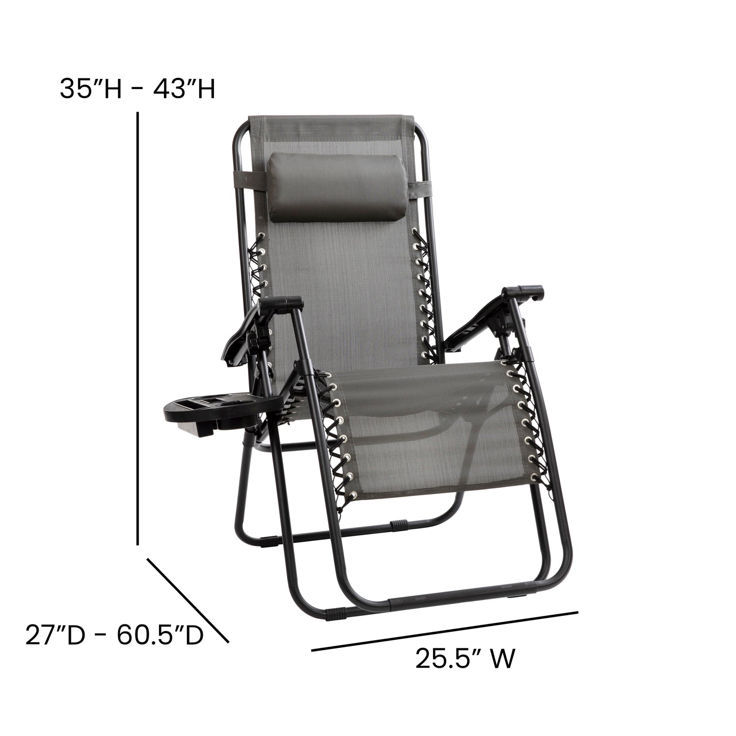 Celestial Adjustable Folding Mesh Zero Gravity Reclining Lounge Chair with Pillow and Cup Holder Tray in Gray, Set of 2 Gray