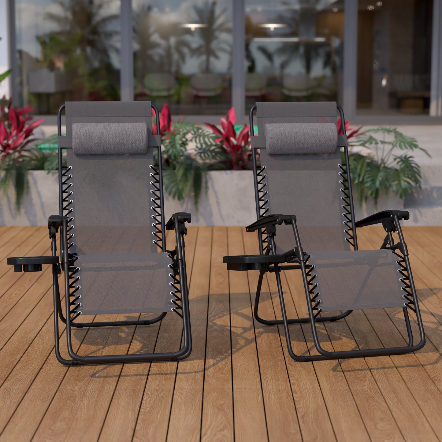 Celestial Adjustable Folding Mesh Zero Gravity Reclining Lounge Chair with Pillow and Cup Holder Tray in Gray, Set of 2 Gray