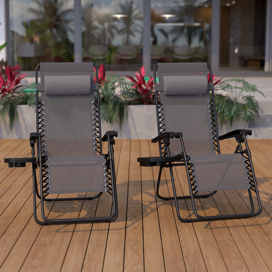 Celestial Adjustable Folding Mesh Zero Gravity Reclining Lounge Chair with Pillow and Cup Holder Tray in Gray, Set of 2 Gray