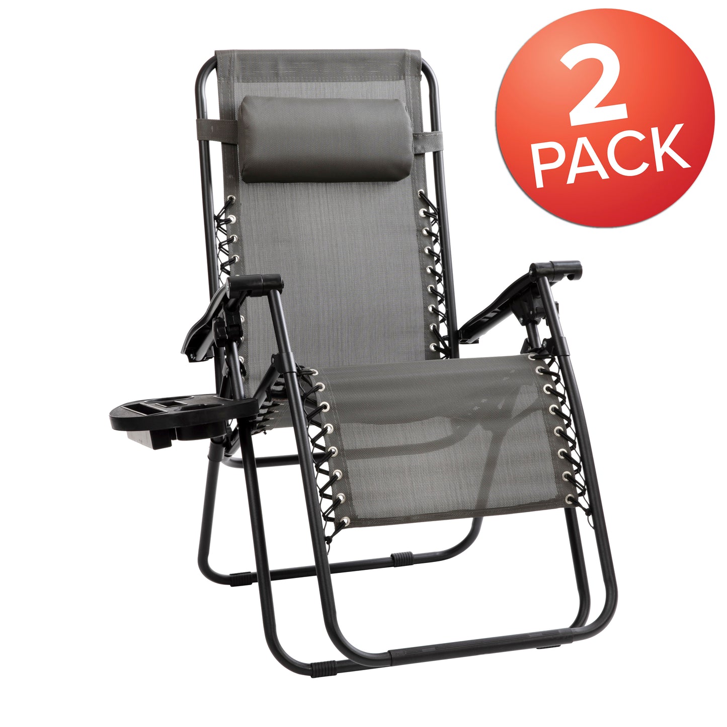 Celestial Adjustable Folding Mesh Zero Gravity Reclining Lounge Chair with Pillow and Cup Holder Tray in Gray, Set of 2 Gray