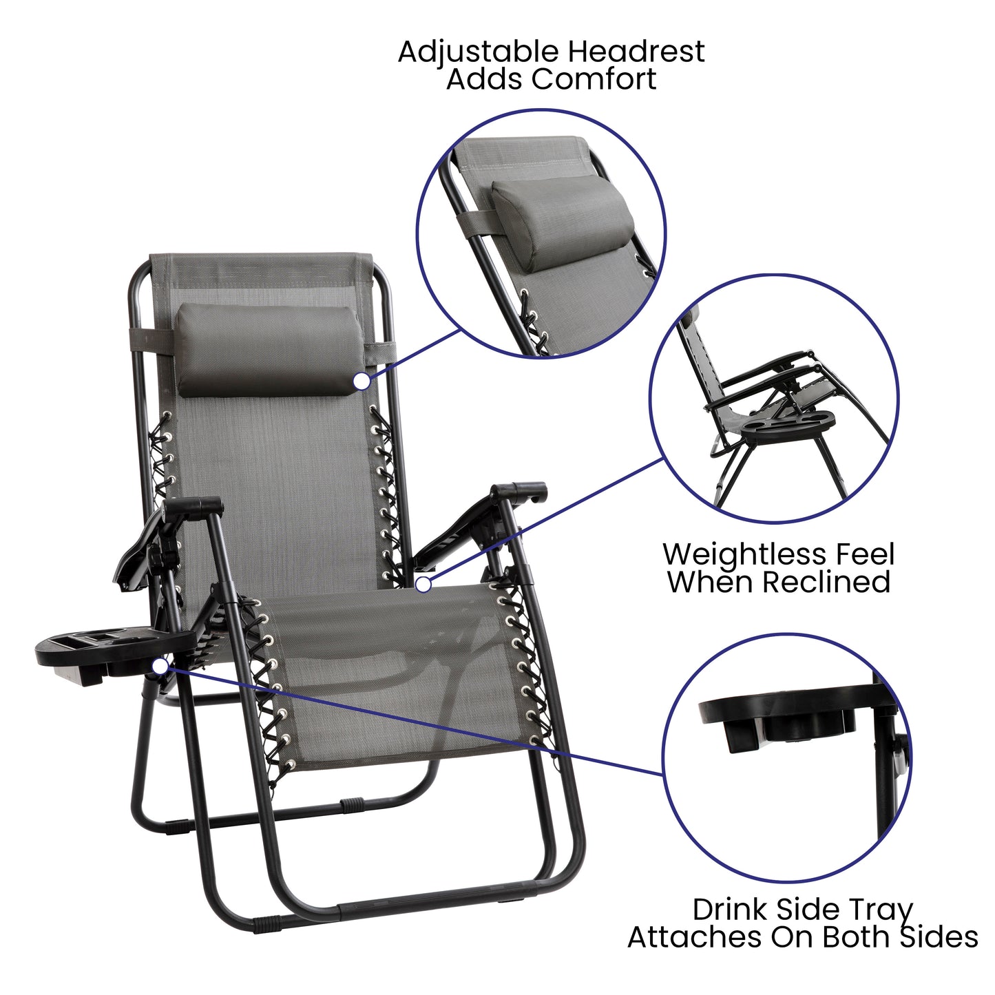 Celestial Adjustable Folding Mesh Zero Gravity Reclining Lounge Chair with Pillow and Cup Holder Tray in Gray, Set of 2 Gray