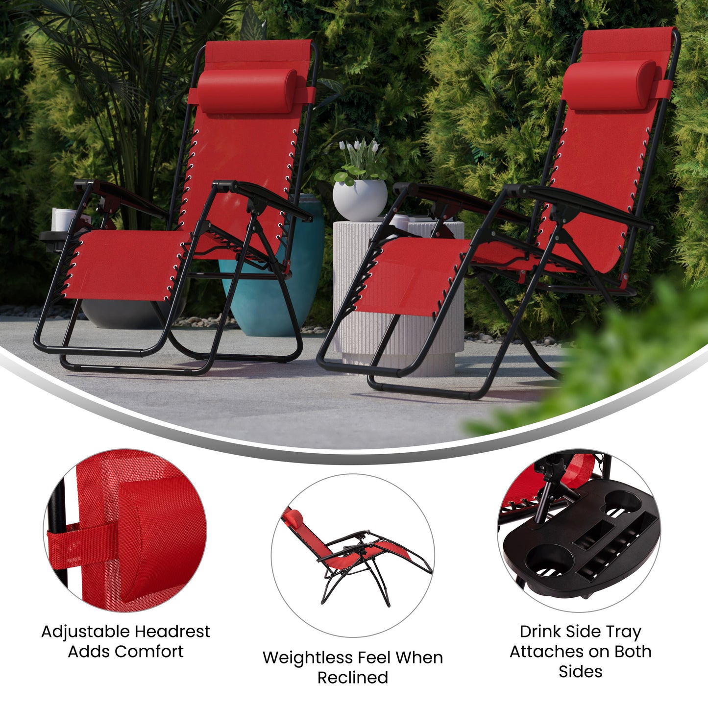 Celestial Adjustable Folding Mesh Zero Gravity Reclining Lounge Chair with Pillow and Cup Holder Tray in Red Red