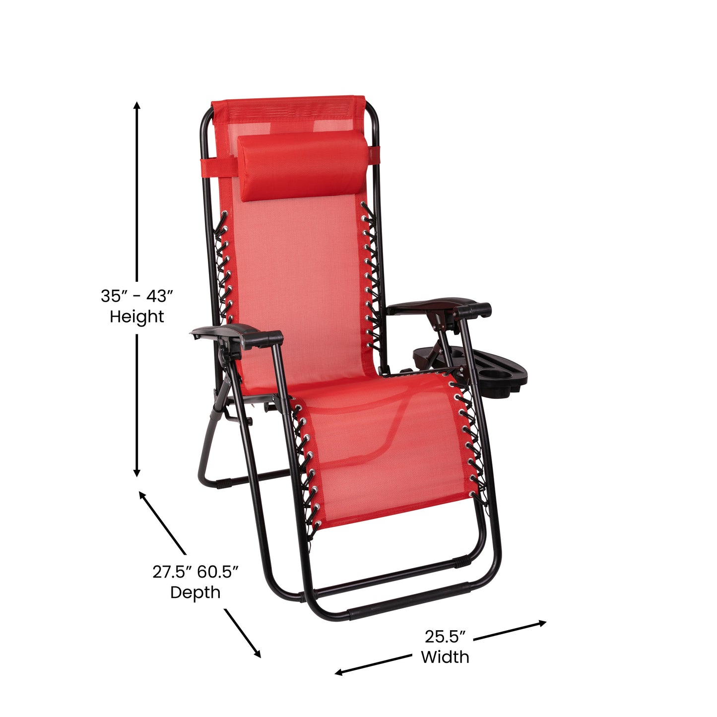 Celestial Adjustable Folding Mesh Zero Gravity Reclining Lounge Chair with Pillow and Cup Holder Tray in Red Red