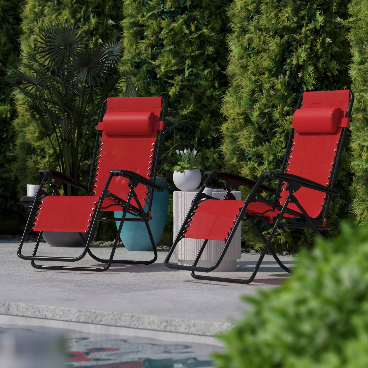 Celestial Adjustable Folding Mesh Zero Gravity Reclining Lounge Chair with Pillow and Cup Holder Tray in Red Red