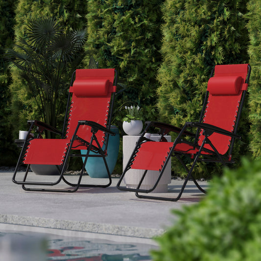 Celestial Adjustable Folding Mesh Zero Gravity Reclining Lounge Chair with Pillow and Cup Holder Tray in Red Red
