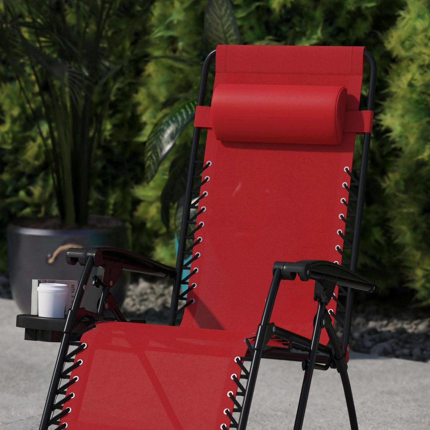Celestial Adjustable Folding Mesh Zero Gravity Reclining Lounge Chair with Pillow and Cup Holder Tray in Red Red