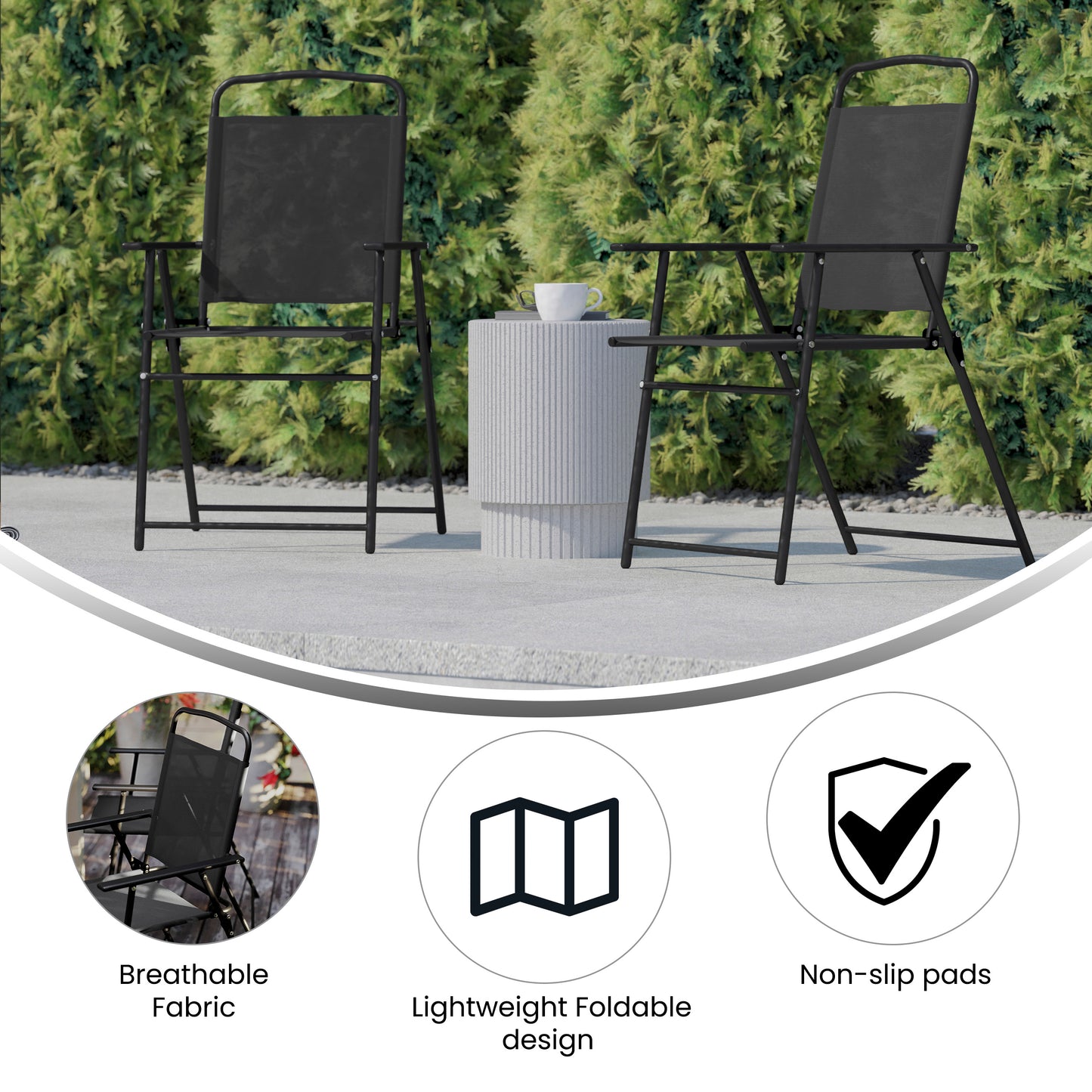 Set of 2 Mystic Folding Patio Sling Chairs, Outdoor Textilene Lawn Chairs with Armrests in Black Black