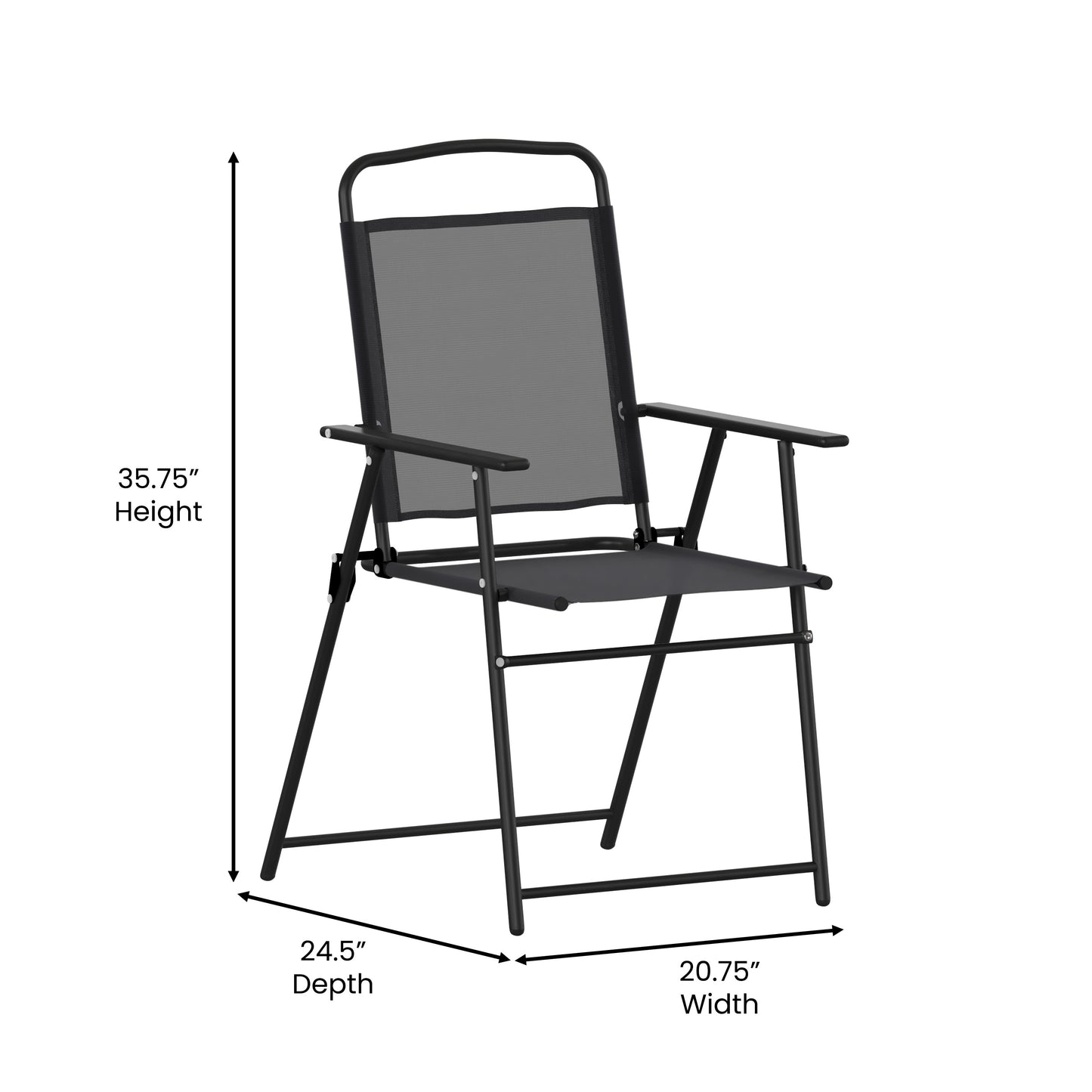Set of 2 Mystic Folding Patio Sling Chairs, Outdoor Textilene Lawn Chairs with Armrests in Black Black