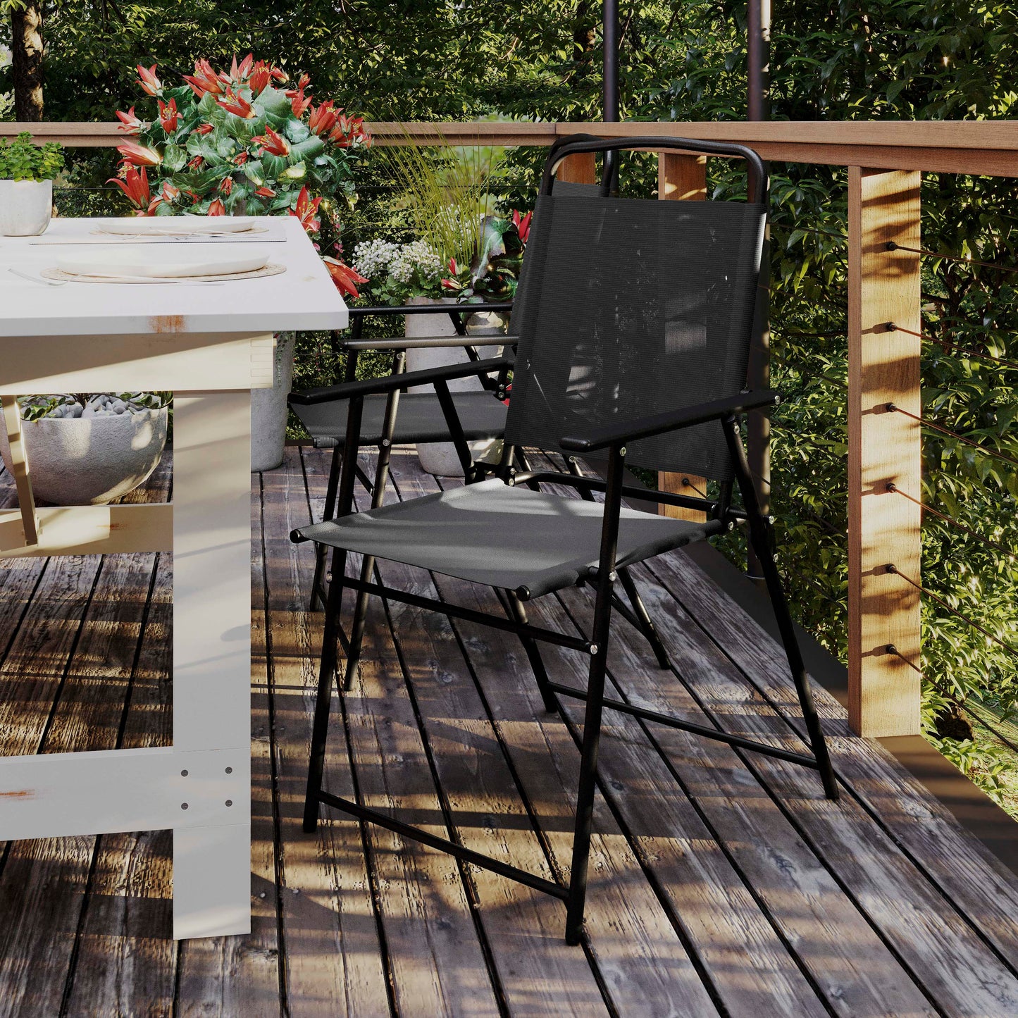 Set of 2 Mystic Folding Patio Sling Chairs, Outdoor Textilene Lawn Chairs with Armrests in Black Black