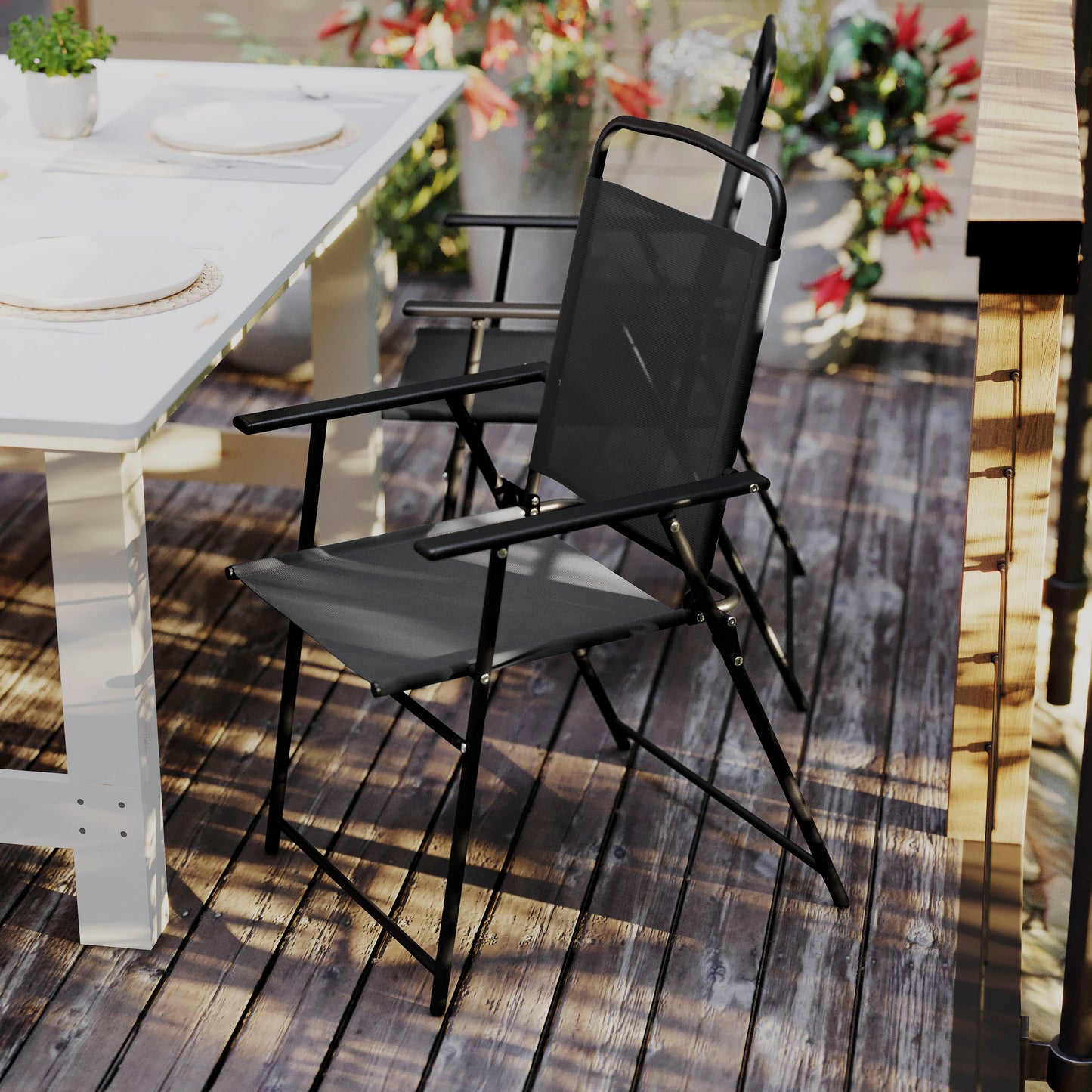 Set of 2 Mystic Folding Patio Sling Chairs, Outdoor Textilene Lawn Chairs with Armrests in Black Black