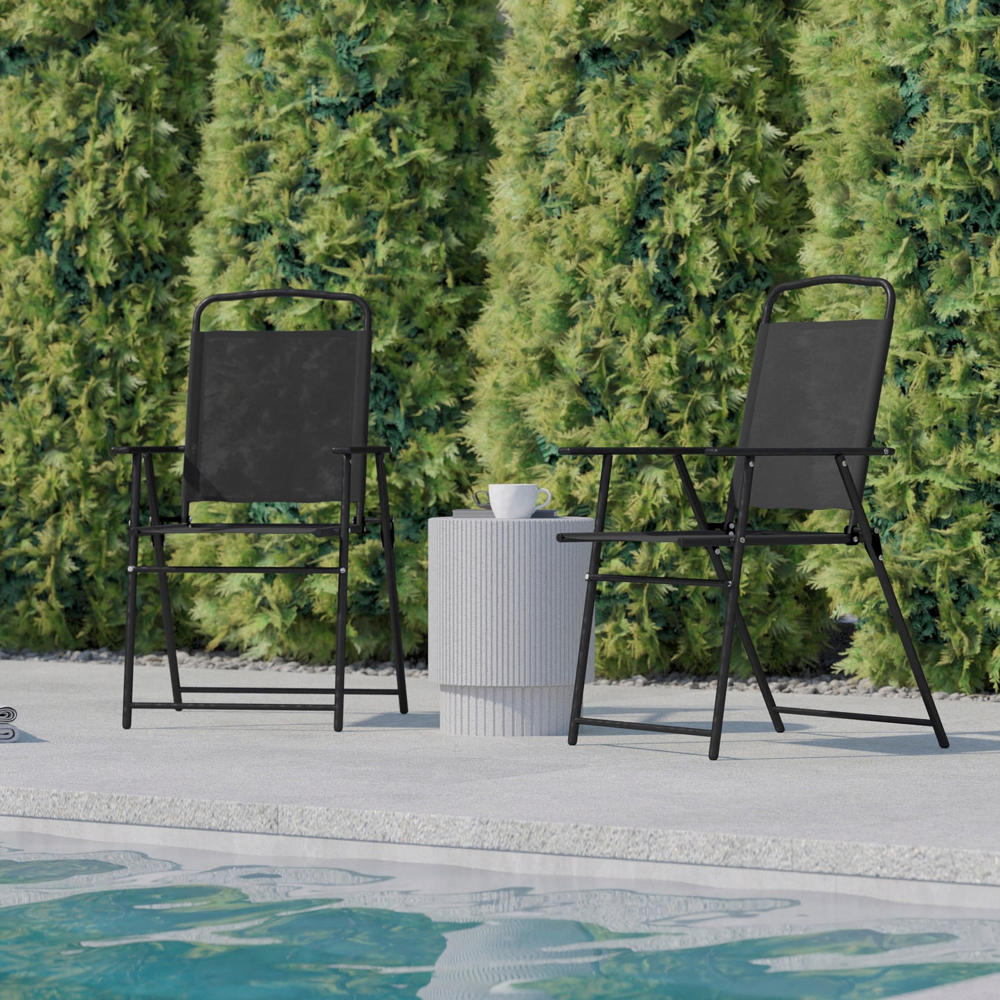 Set of 2 Mystic Folding Patio Sling Chairs, Outdoor Textilene Lawn Chairs with Armrests in Black Black