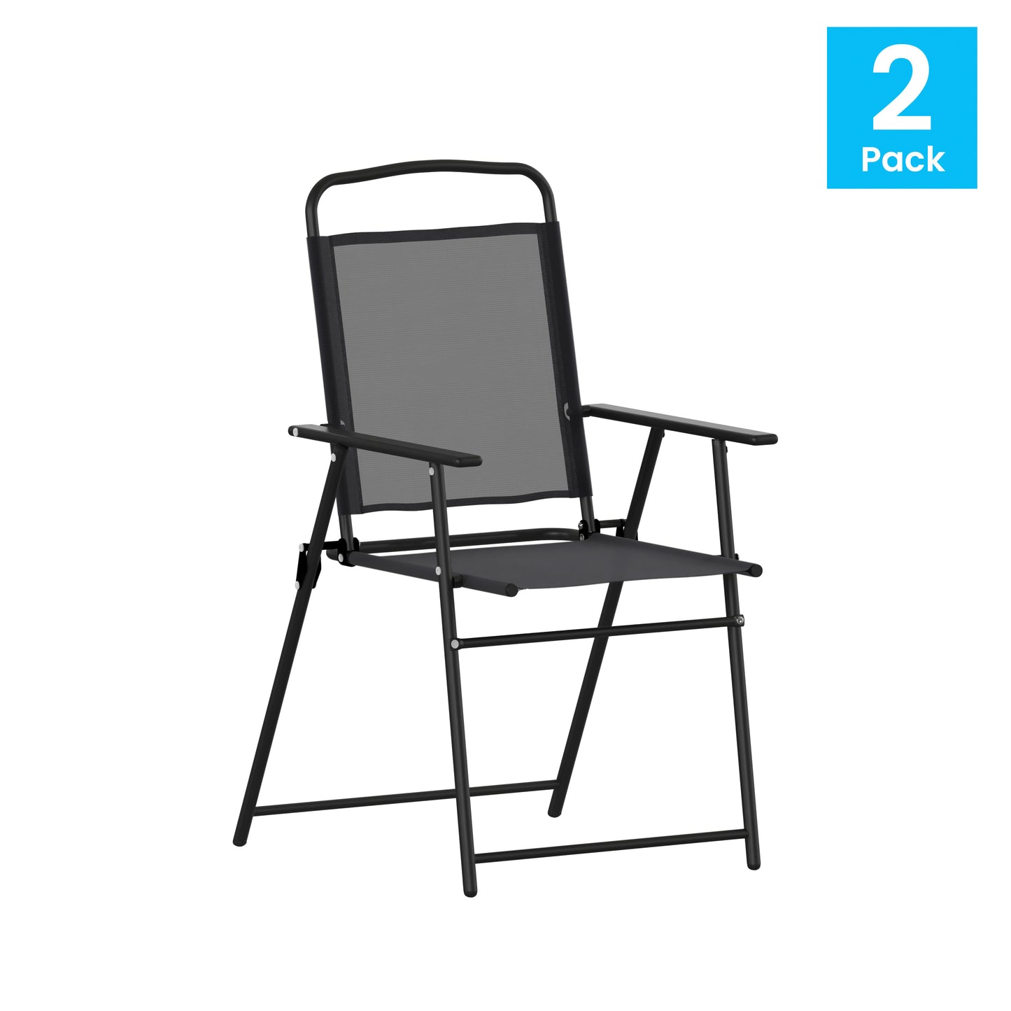 Set of 2 Mystic Folding Patio Sling Chairs, Outdoor Textilene Lawn Chairs with Armrests in Black Black