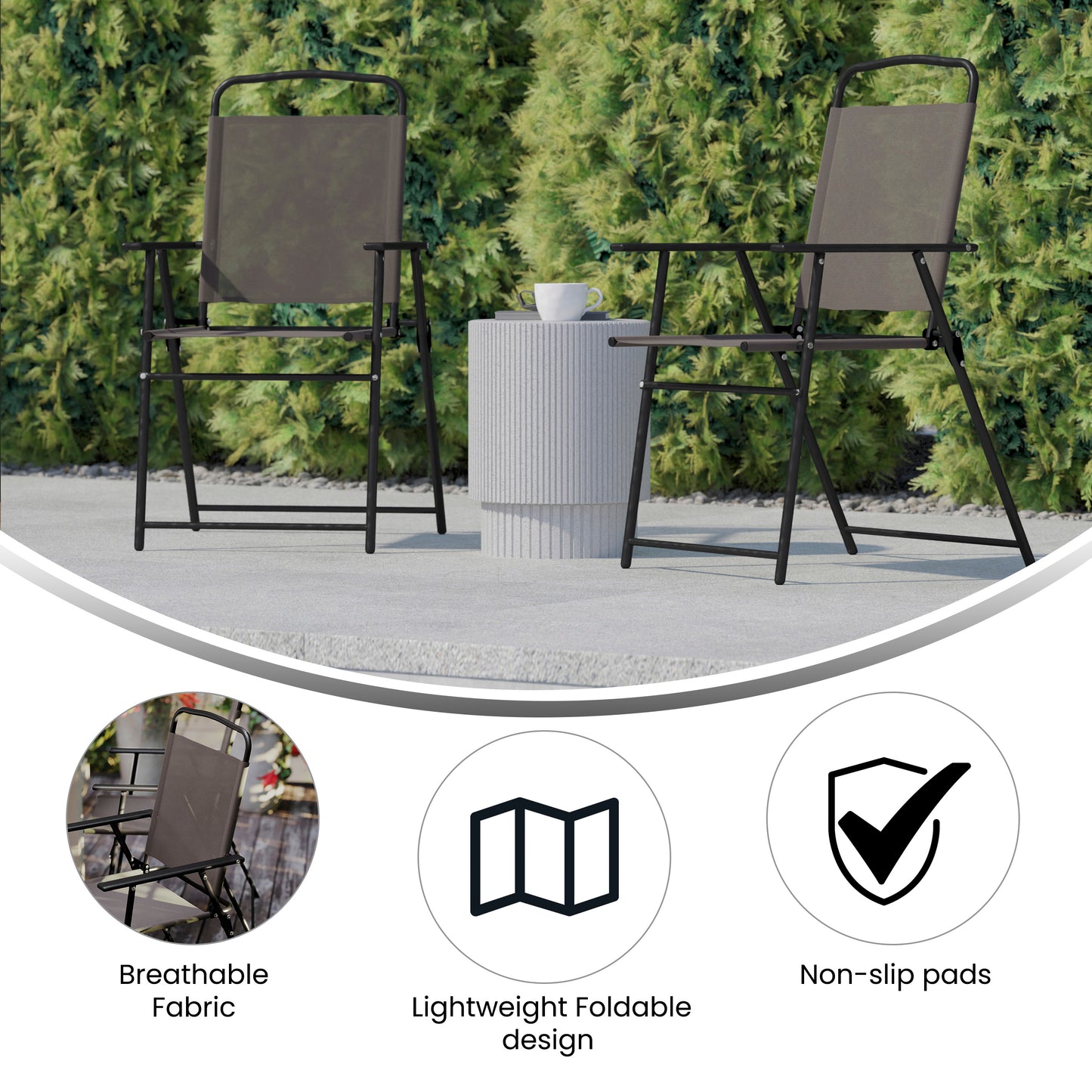 Set of 2 Mystic Folding Patio Sling Chairs, Outdoor Textilene Lawn Chairs with Armrests in Brown Brown