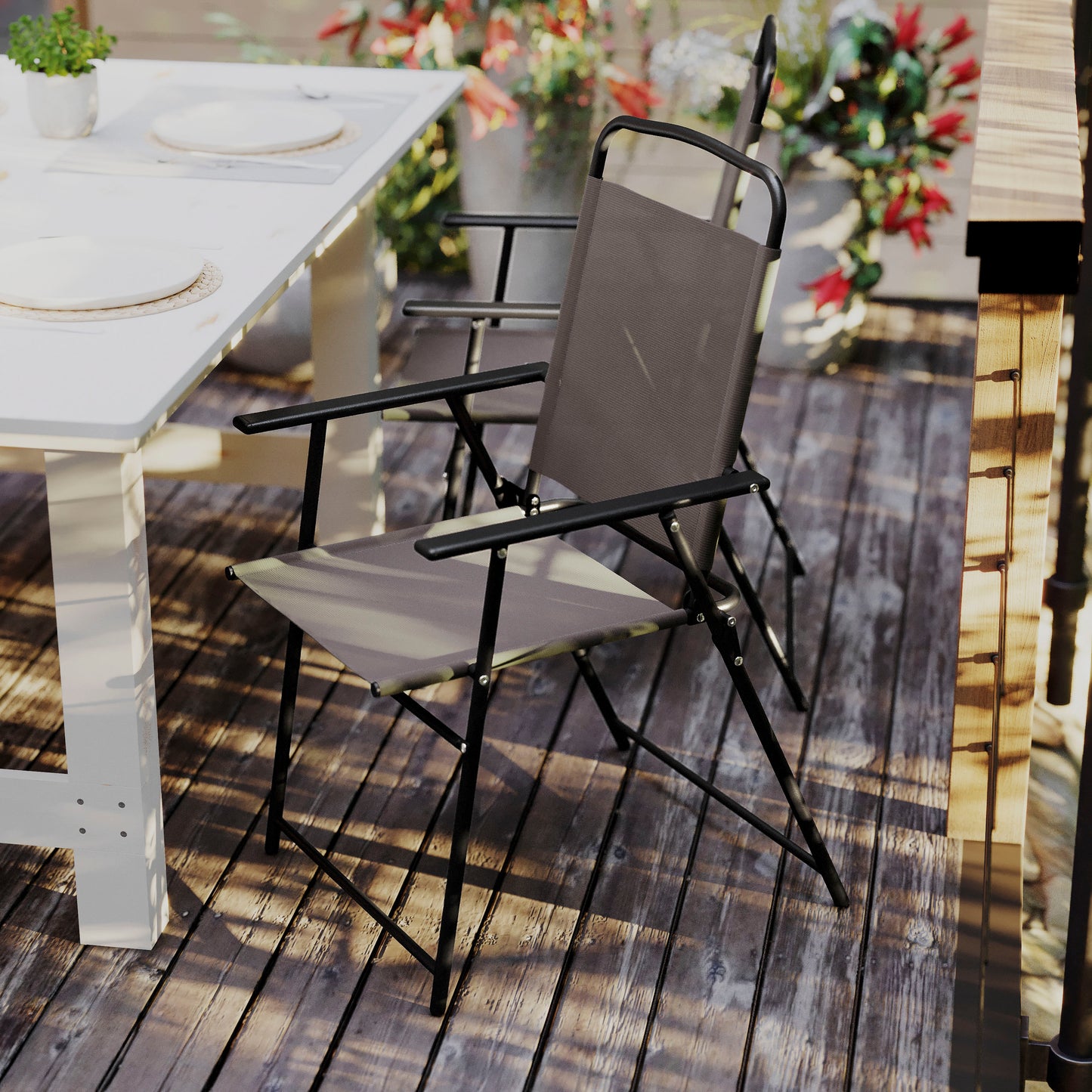 Set of 2 Mystic Folding Patio Sling Chairs, Outdoor Textilene Lawn Chairs with Armrests in Brown Brown