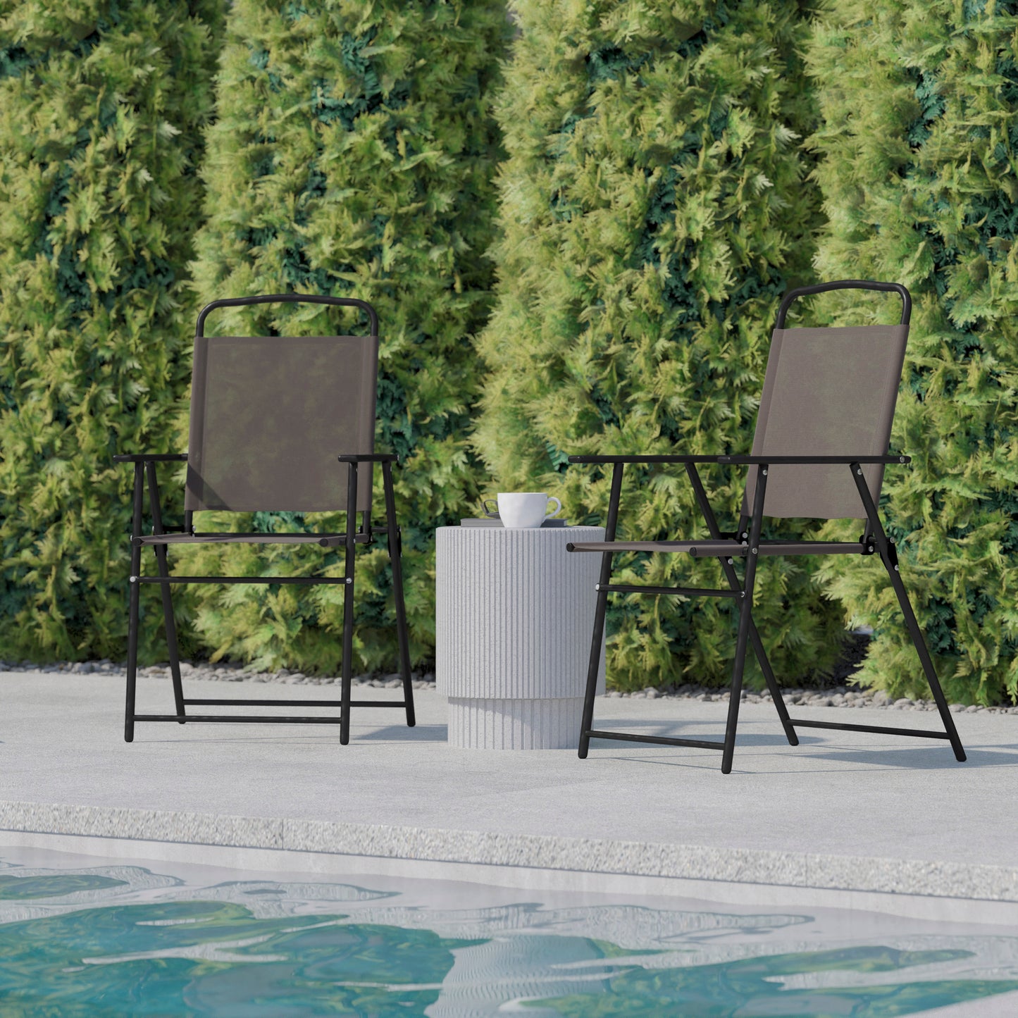 Set of 2 Mystic Folding Patio Sling Chairs, Outdoor Textilene Lawn Chairs with Armrests in Brown Brown