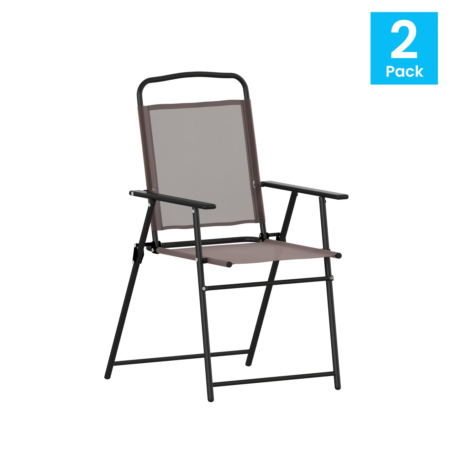 Set of 2 Mystic Folding Patio Sling Chairs, Outdoor Textilene Lawn Chairs with Armrests in Brown Brown