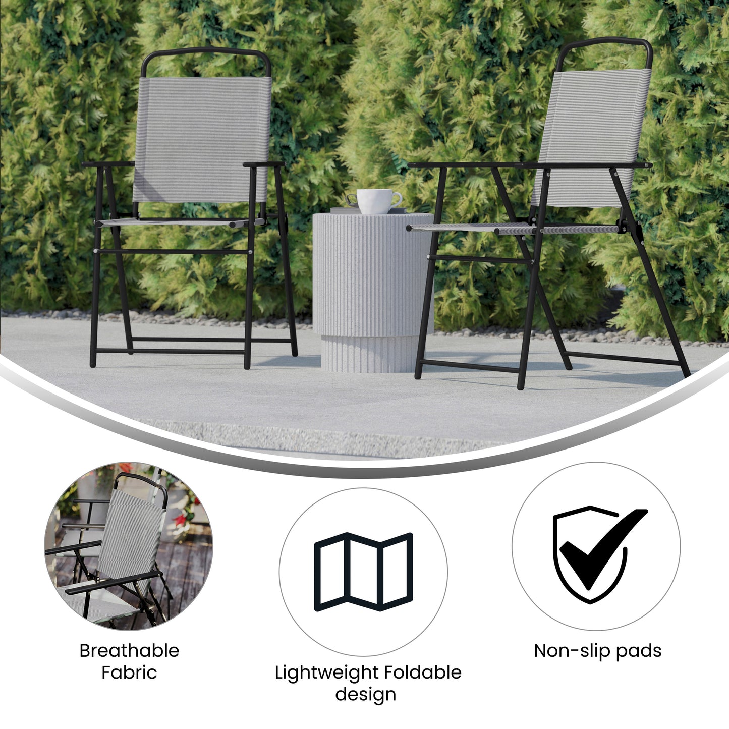 Set of 2 Mystic Folding Patio Sling Chairs, Outdoor Textilene Lawn Chairs with Armrests in Gray Gray