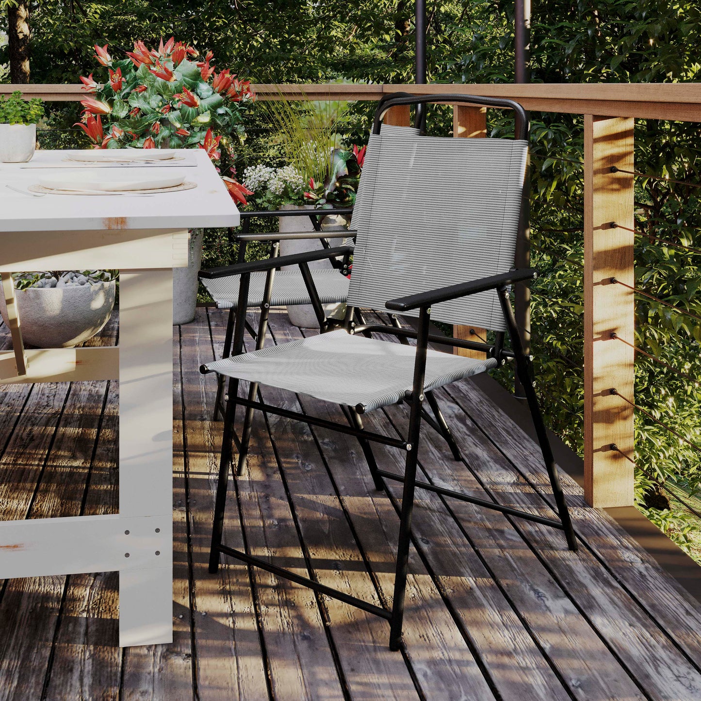 Set of 2 Mystic Folding Patio Sling Chairs, Outdoor Textilene Lawn Chairs with Armrests in Gray Gray