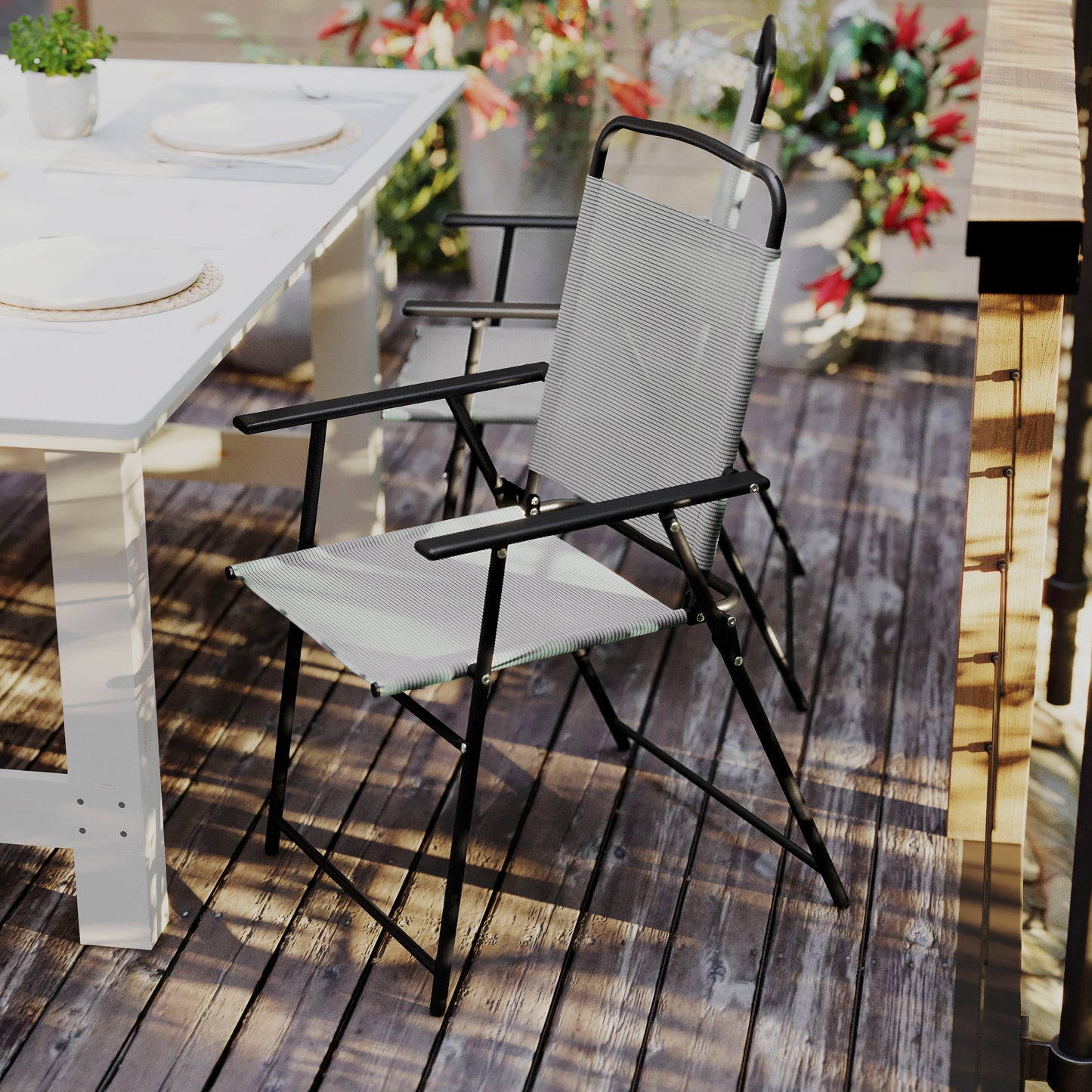 Set of 2 Mystic Folding Patio Sling Chairs, Outdoor Textilene Lawn Chairs with Armrests in Gray Gray