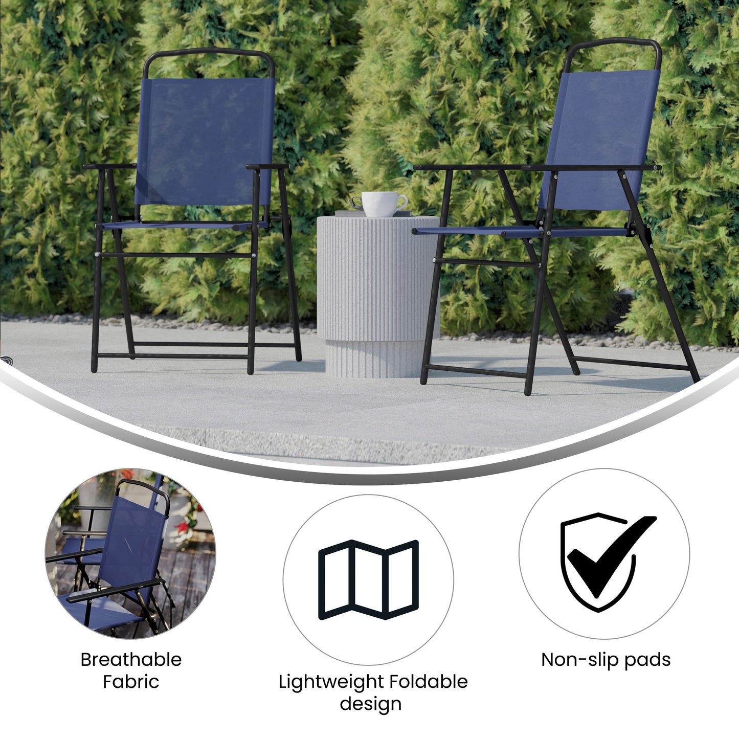Set of 2 Mystic Folding Patio Sling Chairs, Outdoor Textilene Lawn Chairs with Armrests in Navy Navy