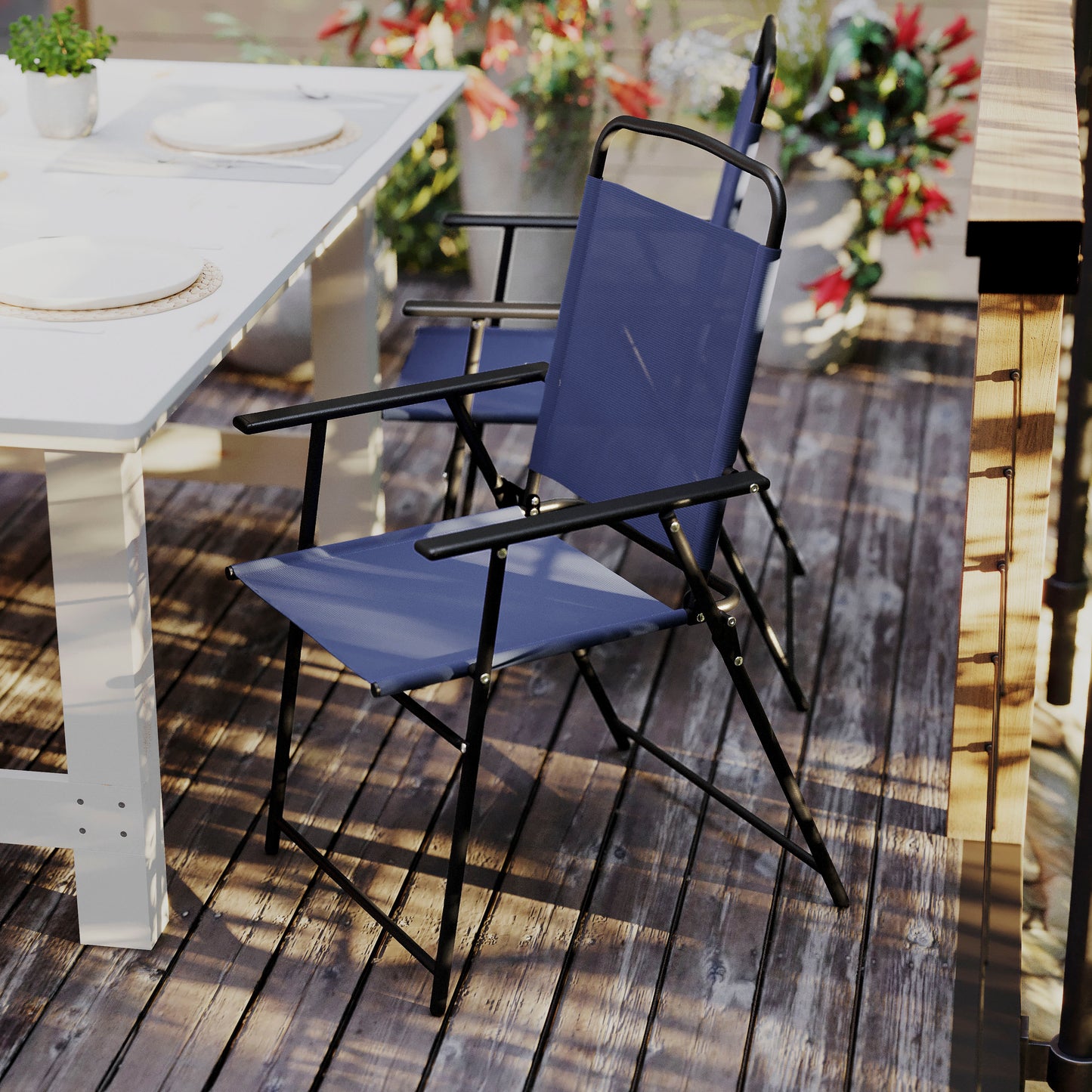 Set of 2 Mystic Folding Patio Sling Chairs, Outdoor Textilene Lawn Chairs with Armrests in Navy Navy
