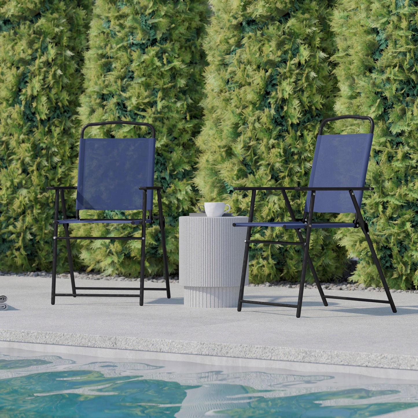 Set of 2 Mystic Folding Patio Sling Chairs, Outdoor Textilene Lawn Chairs with Armrests in Navy Navy