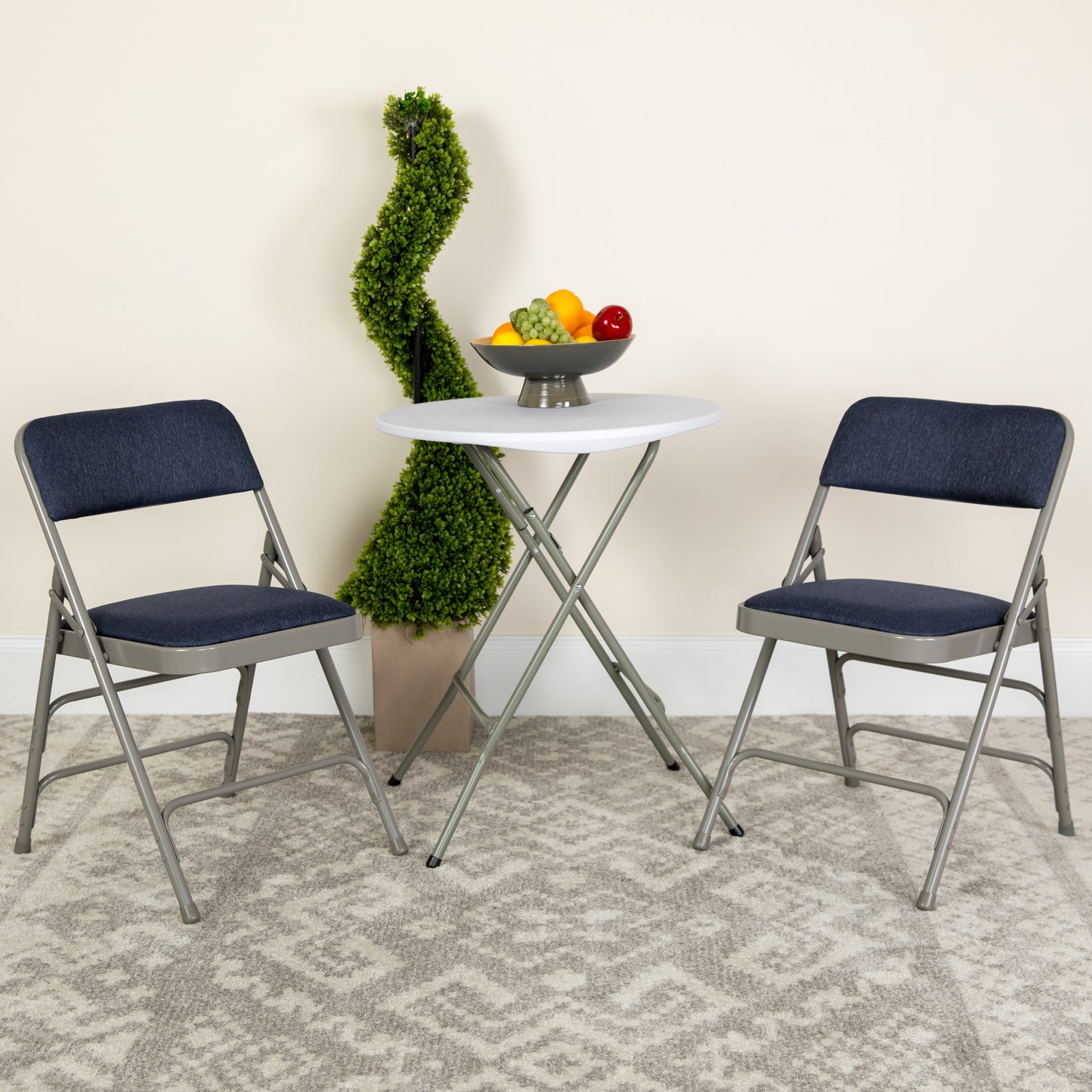 2 Pack HERCULES Series Curved Triple Braced & Double Hinged Navy Fabric Metal Folding Chair Navy Fabric/Gray Frame
