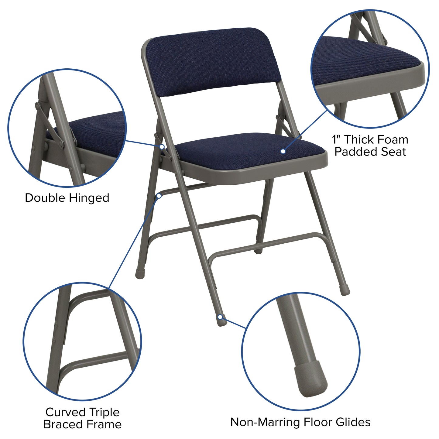 2 Pack HERCULES Series Curved Triple Braced & Double Hinged Navy Fabric Metal Folding Chair Navy Fabric/Gray Frame