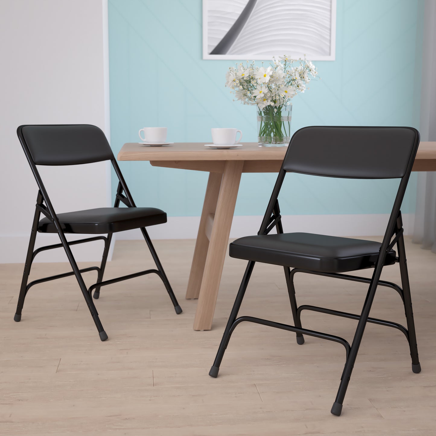 HERCULES Series Metal Folding Chairs with Padded Seats | Set of 2 Black Metal Folding Chairs Black Vinyl/Black Frame