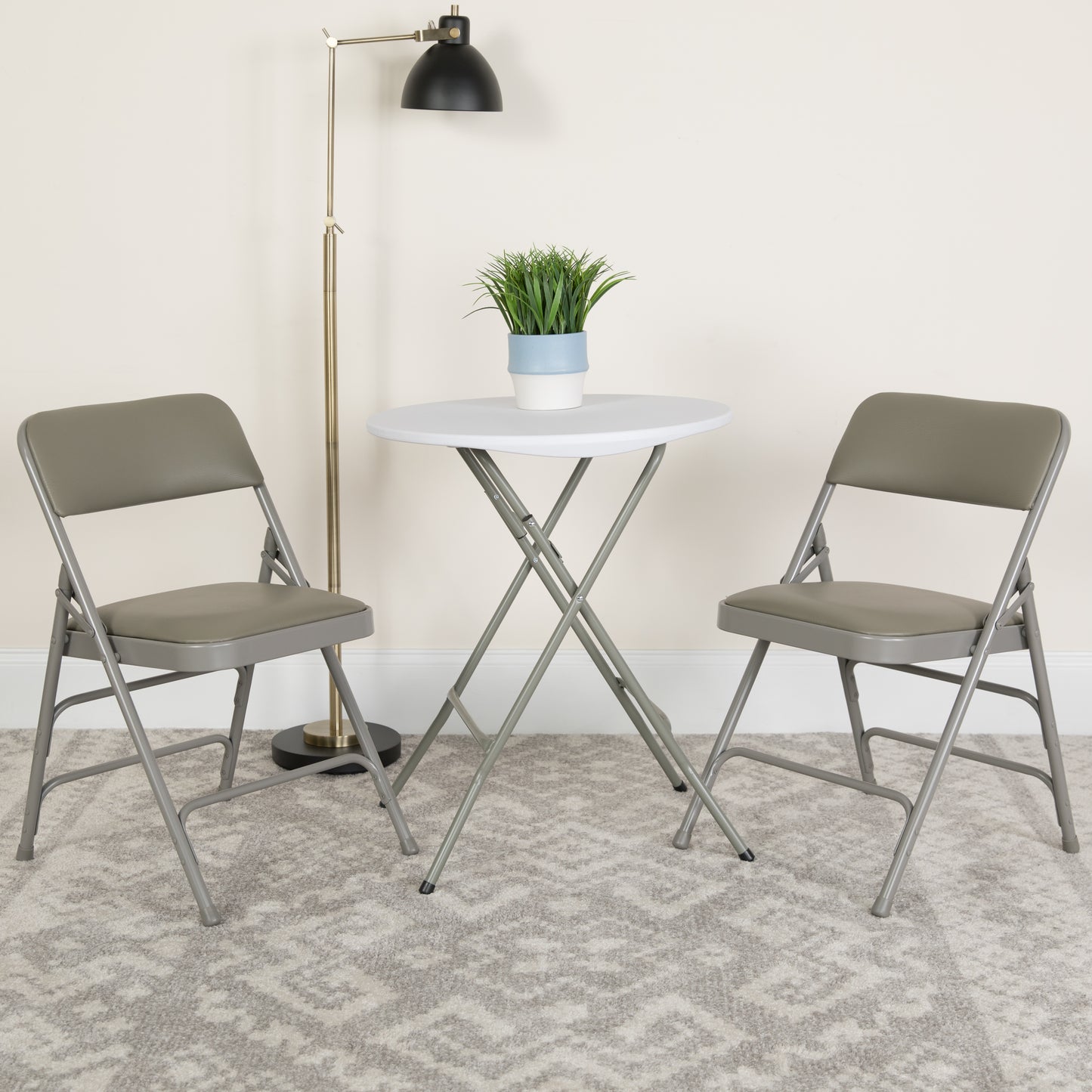 2 Pack HERCULES Series Curved Triple Braced & Double Hinged Gray Vinyl Metal Folding Chair Gray Vinyl/Gray Frame