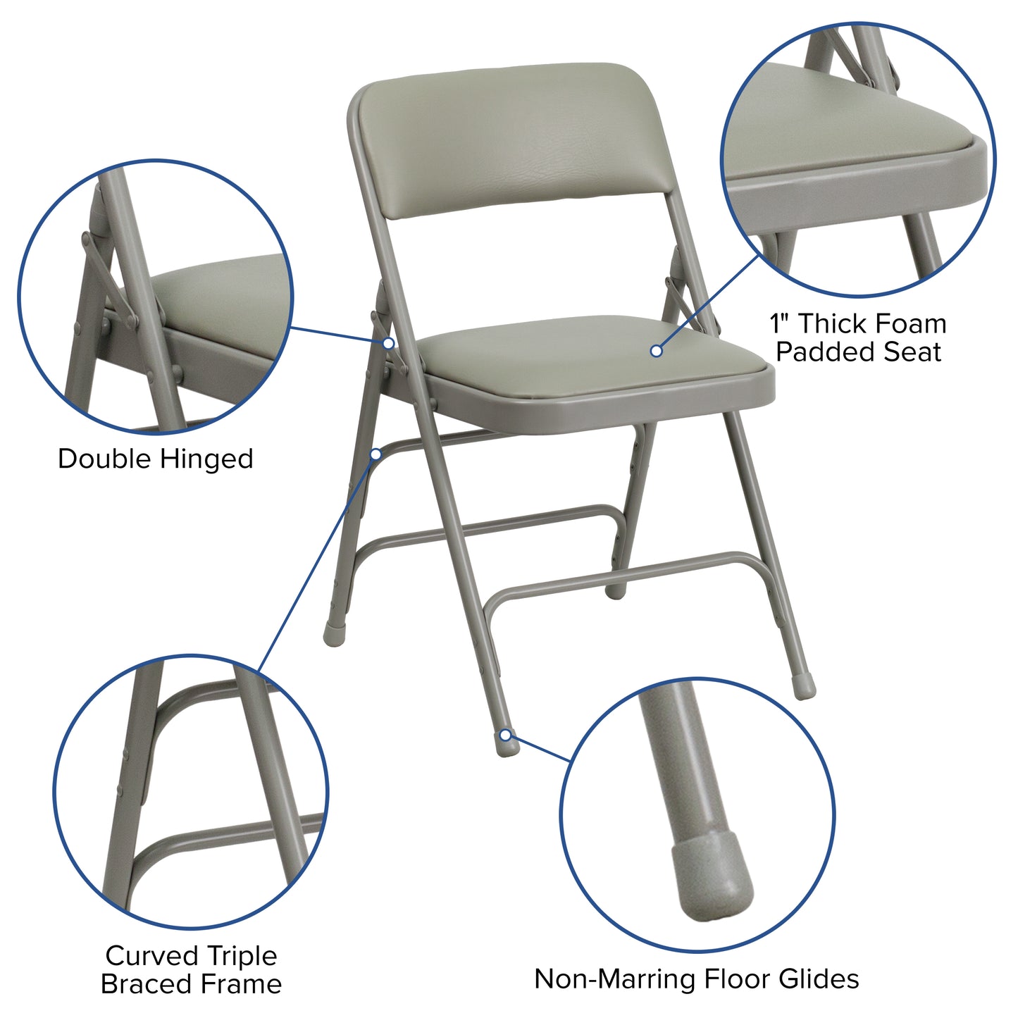 2 Pack HERCULES Series Curved Triple Braced & Double Hinged Gray Vinyl Metal Folding Chair Gray Vinyl/Gray Frame