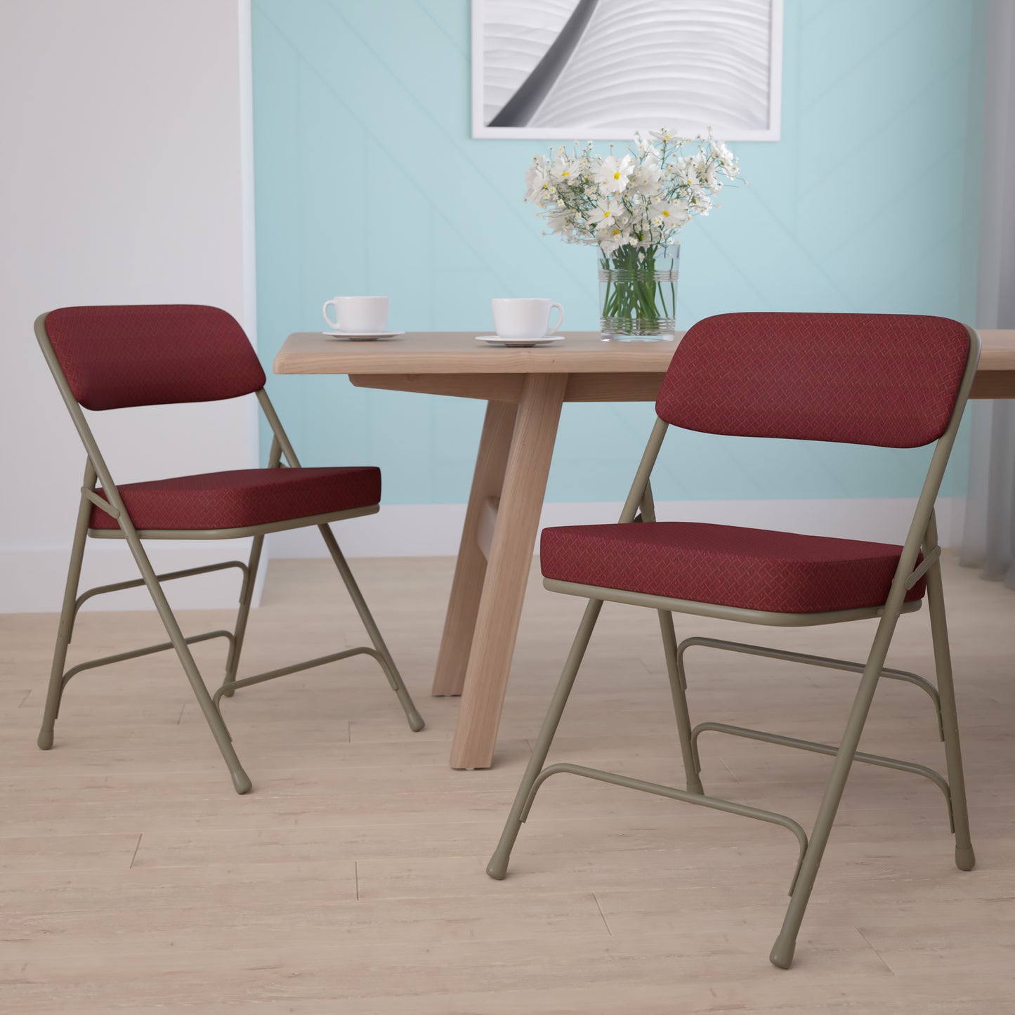 2 Pack HERCULES Series Premium Curved Triple Braced & Double Hinged Burgundy Fabric Metal Folding Chair Burgundy Fabric/Gray Frame