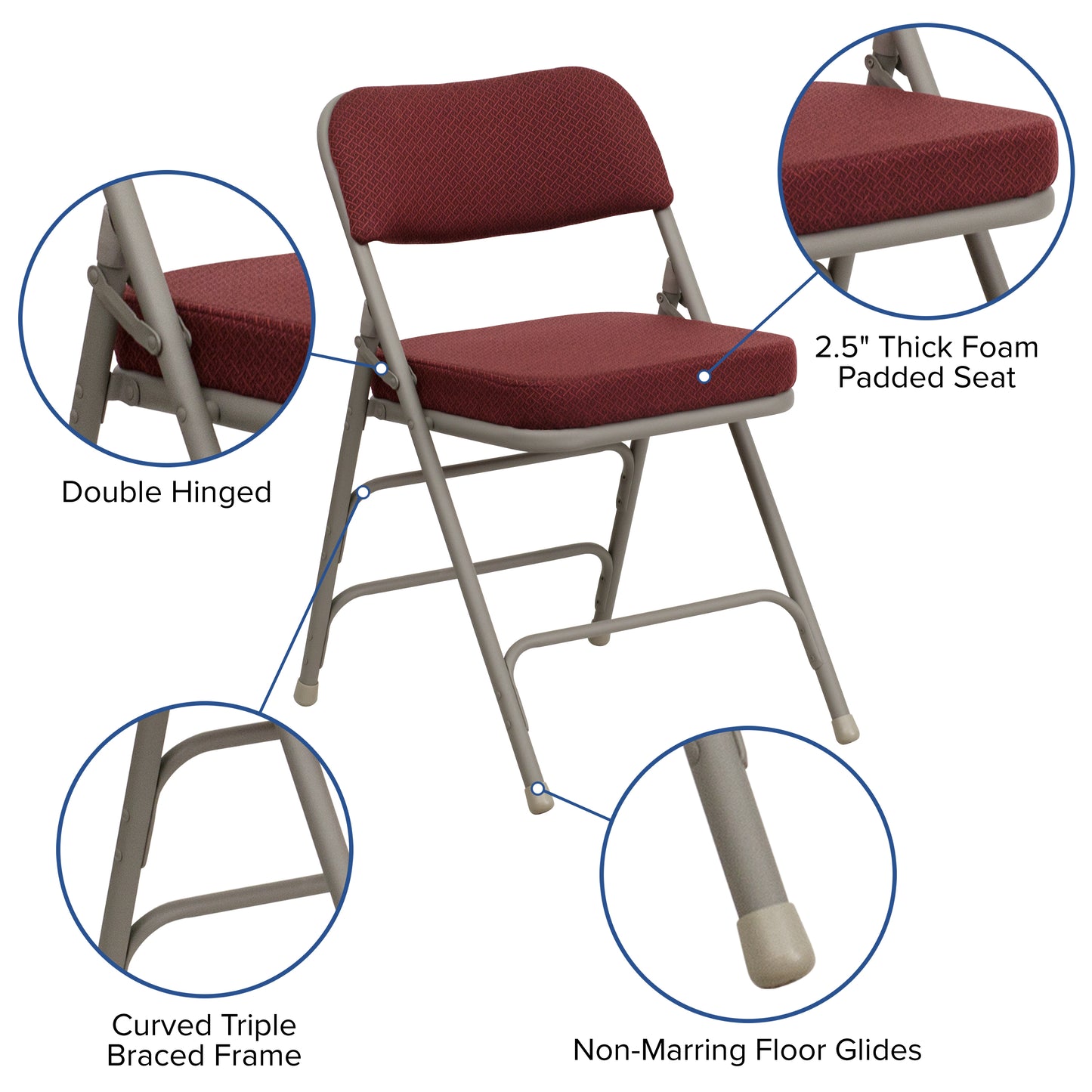 2 Pack HERCULES Series Premium Curved Triple Braced & Double Hinged Burgundy Fabric Metal Folding Chair Burgundy Fabric/Gray Frame